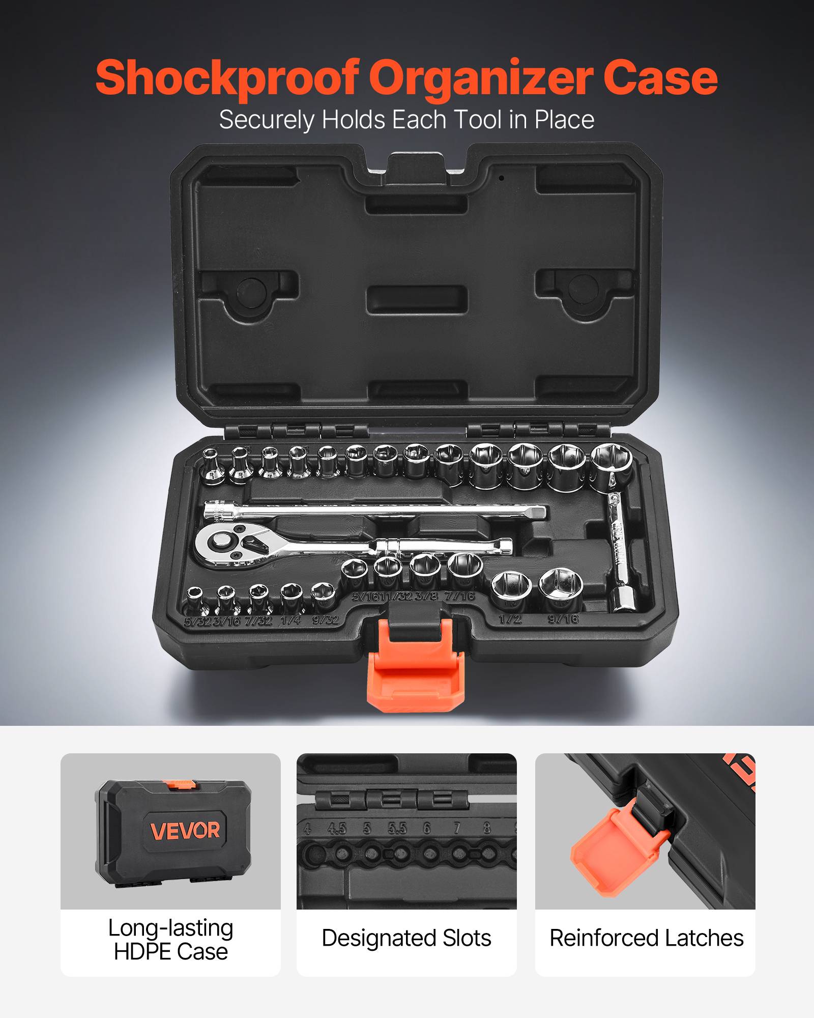 Vevor - VEVOR Jeu de douilles SAE et métriques 27 pièces, clé à cliquet 1/4" 6,35 mm, rallonge et coffret de rangement en acier CR‑V - Image 7