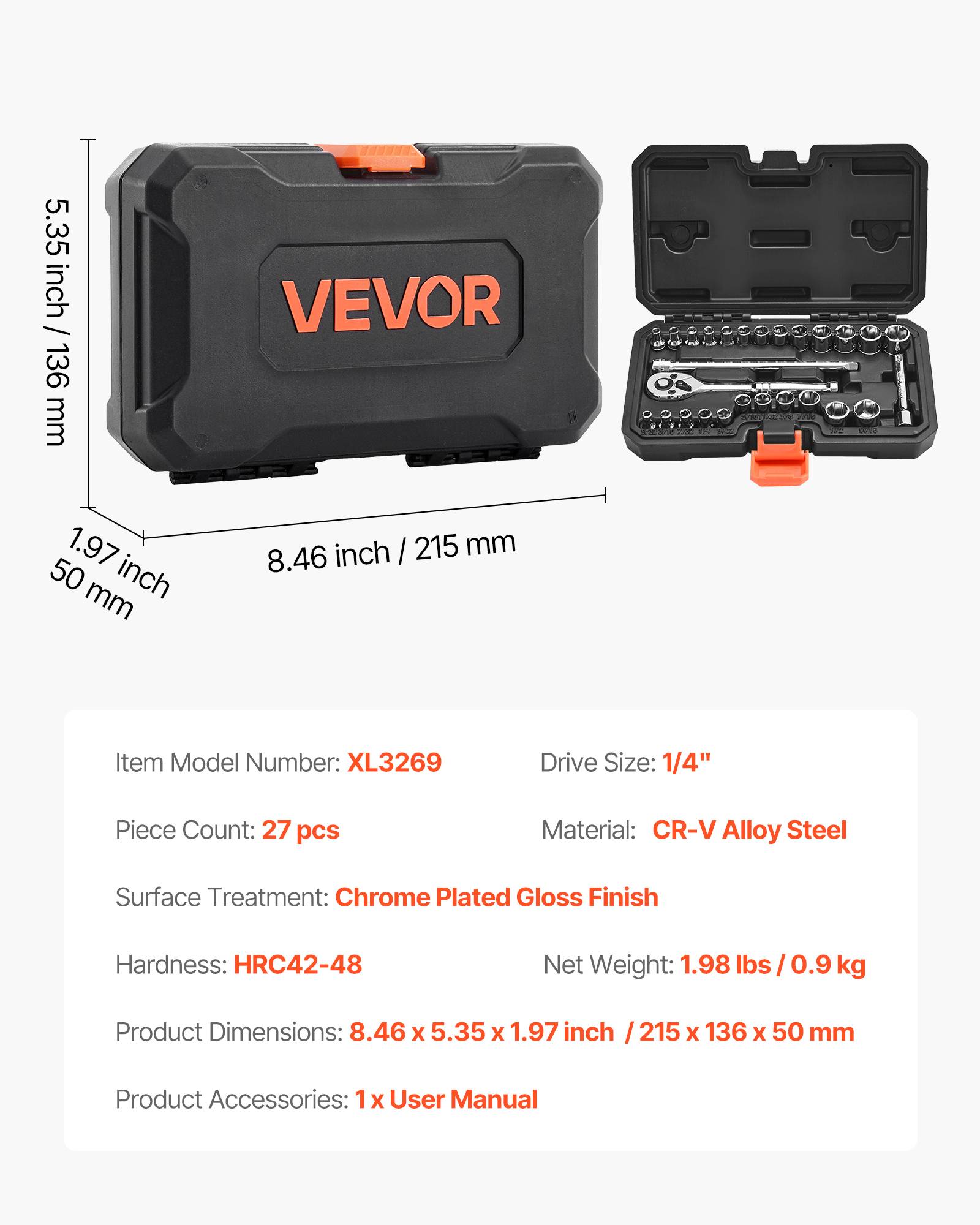 Vevor - VEVOR Jeu de douilles SAE et métriques 27 pièces, clé à cliquet 1/4" 6,35 mm, rallonge et coffret de rangement en acier CR‑V - Image 6