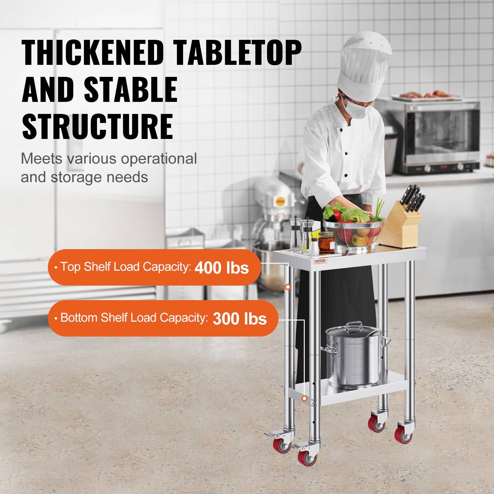 Vevor - VEVOR Table de Travail Inox Cuisine à Roulette 61x31x85 cm pour Préparation de Cuisine - Image 3