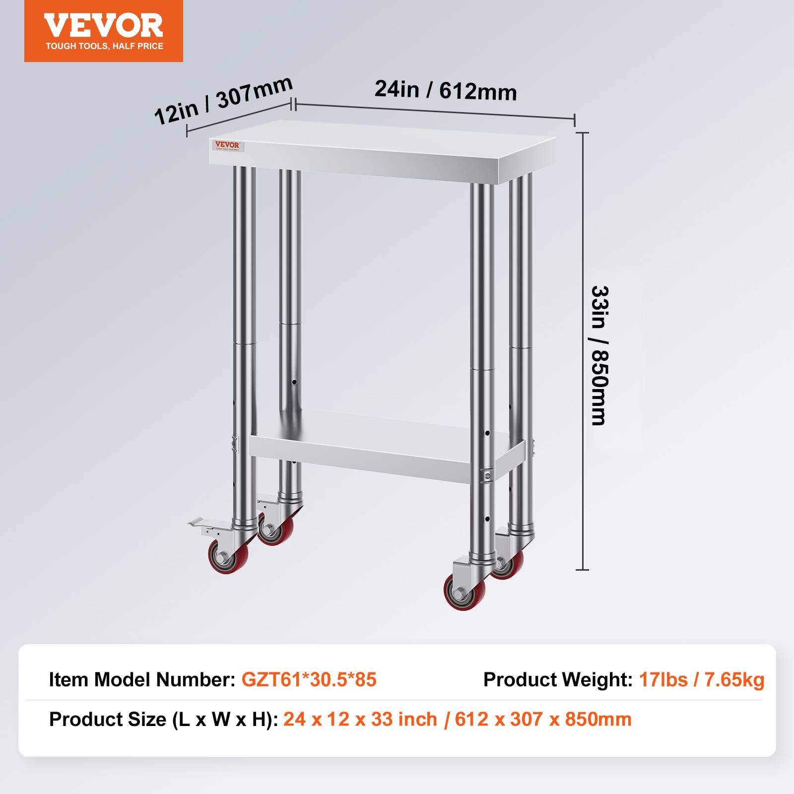 Vevor - VEVOR Table de Travail Inox Cuisine à Roulette 61x31x85 cm pour Préparation de Cuisine - Image 7