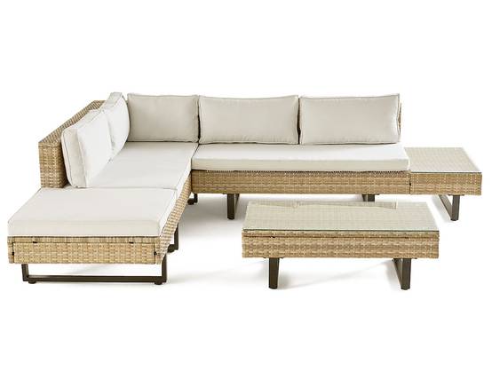 Sashi – salon de jardin d'angle en résine beige et grise – 5 places - coussins gris clair et table incluse - Best Mobilier - Image 1