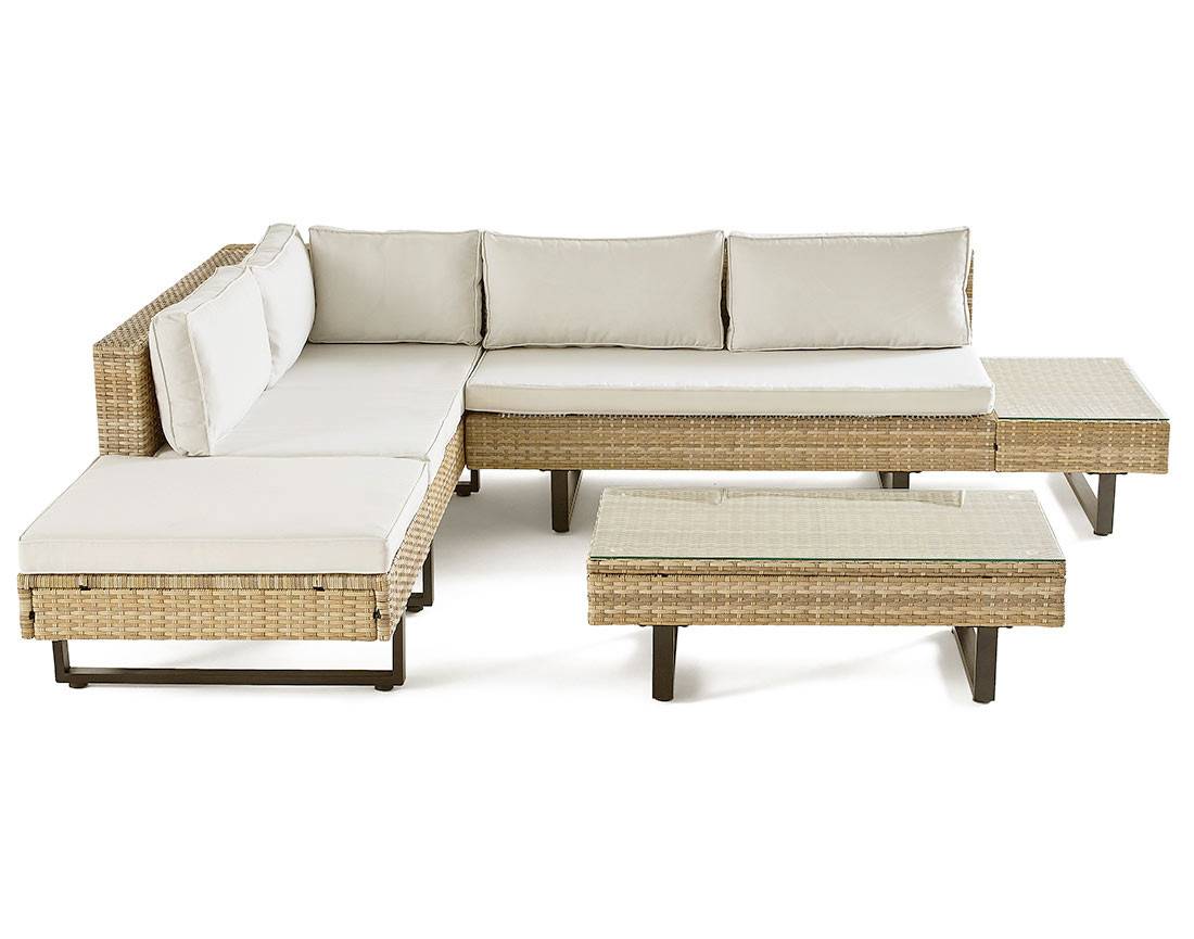 Sashi – salon de jardin d'angle en résine beige et grise – 5 places - coussins gris clair et table incluse - Best Mobilier - Image 1