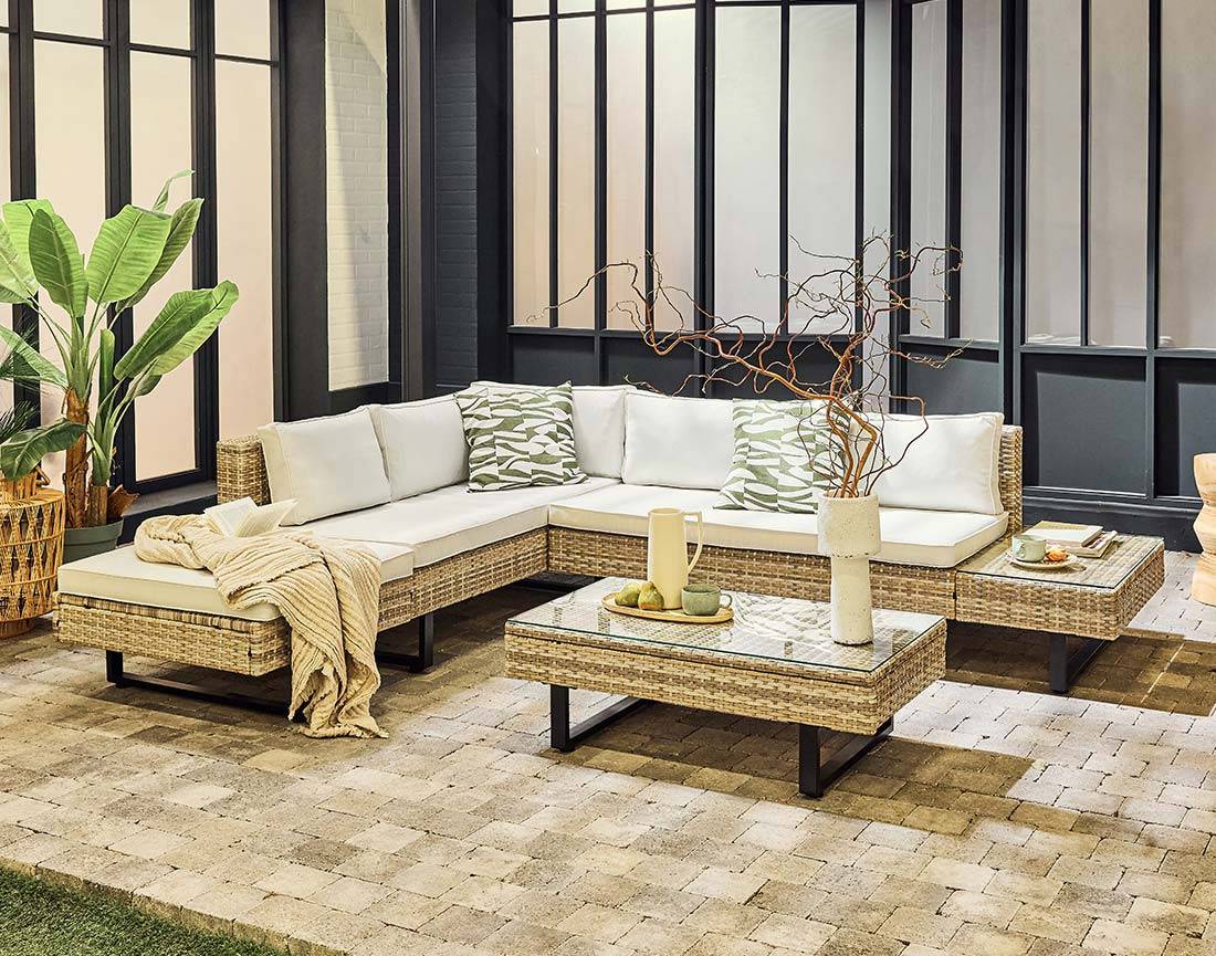 Sashi – salon de jardin d'angle en résine beige et grise – 5 places - coussins gris clair et table incluse - Best Mobilier - Image 2