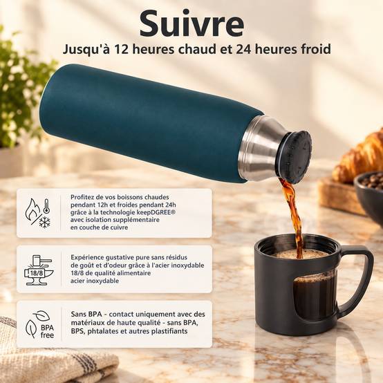 Bouteille Isotherme Acier Inoxydable 1000ml Garde Chaud 12h Froid 24h Réutilisable Avec Tasse - Image 2