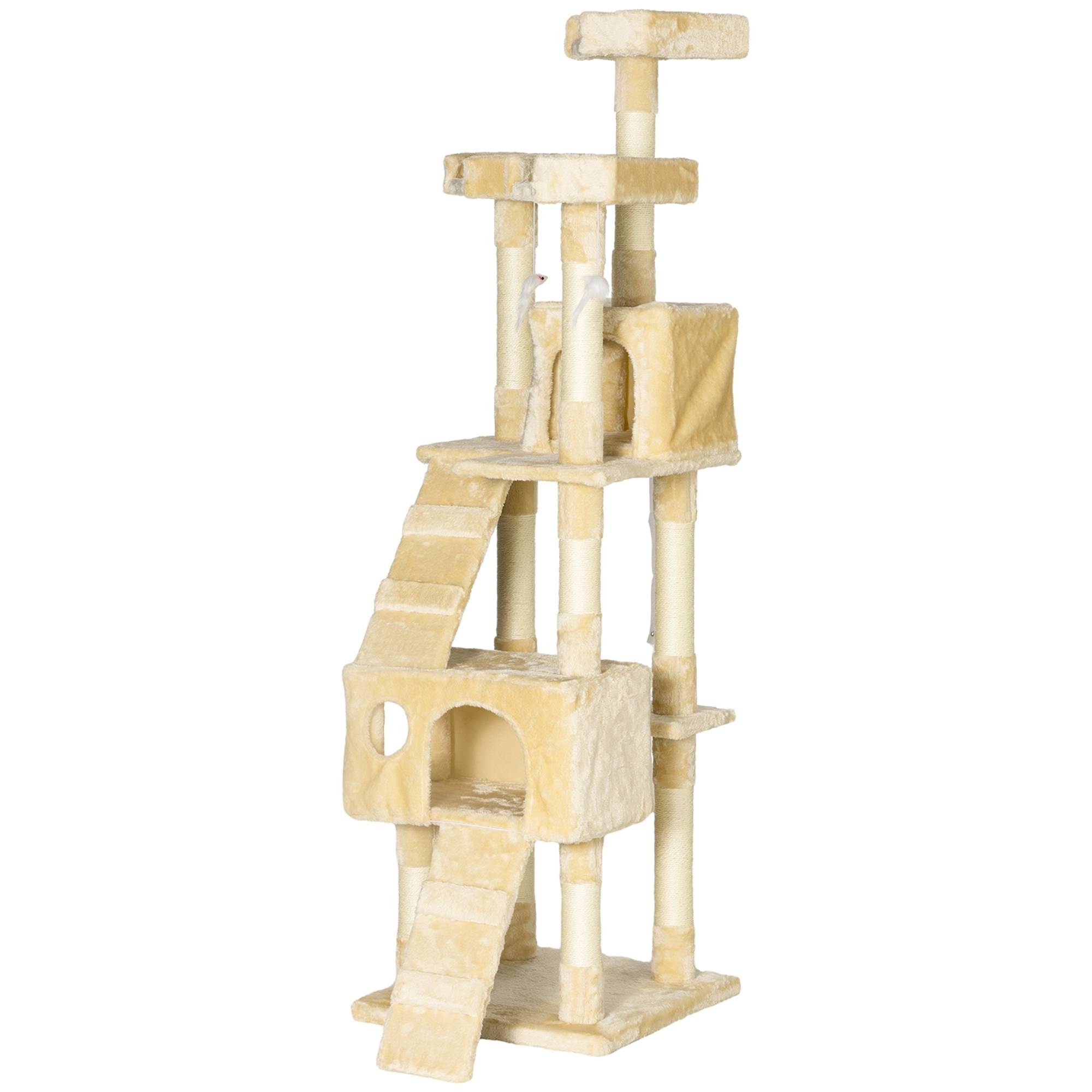 arbre à chat beige 173 cm tour escalade 2 niches 3 couchages 2 rampes 2 souris suspendues chat complet - Image 2