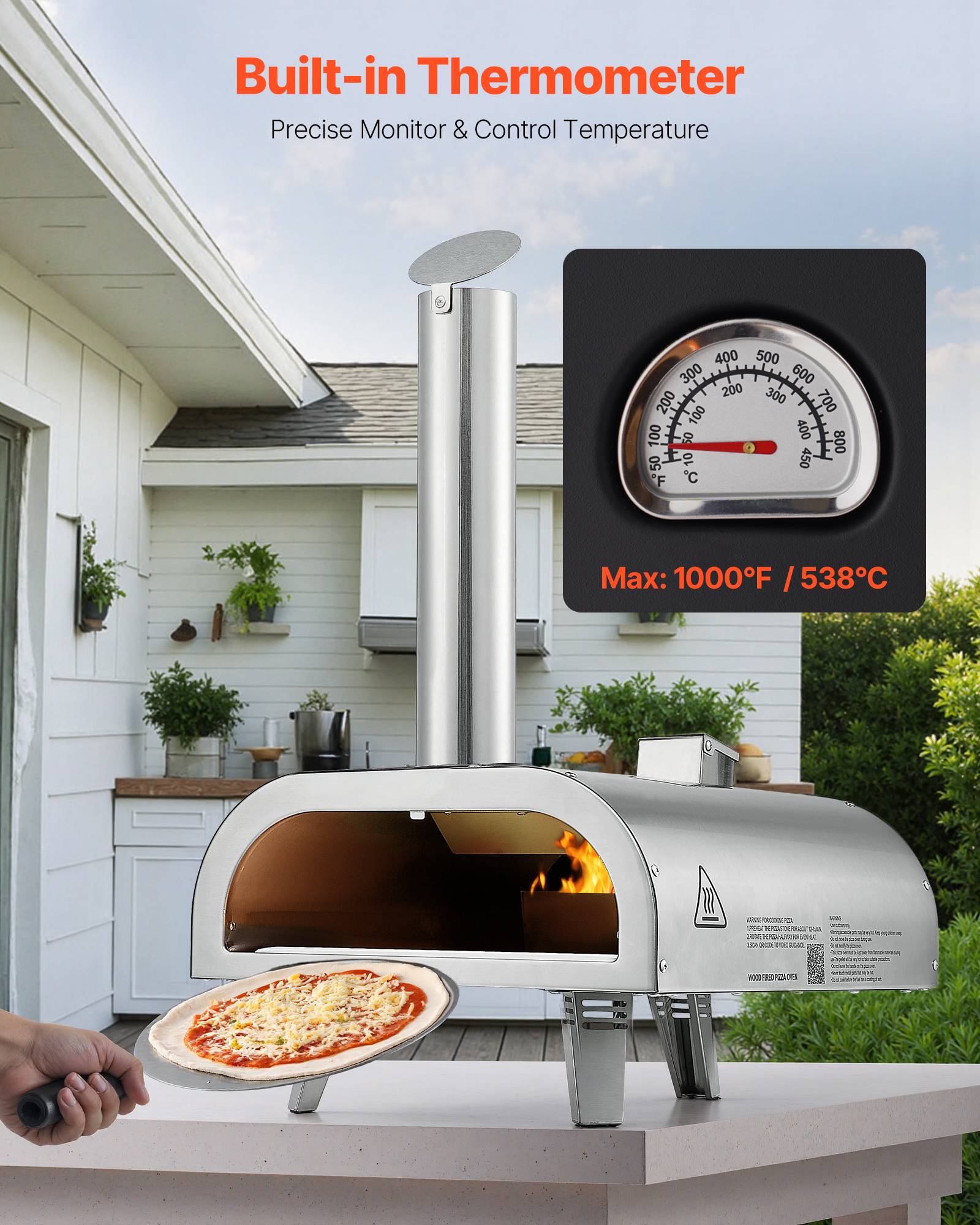 VEVOR Four pizza extérieur 305 mm, granulés bois, inox, thermomètre, pelle. - Image 4
