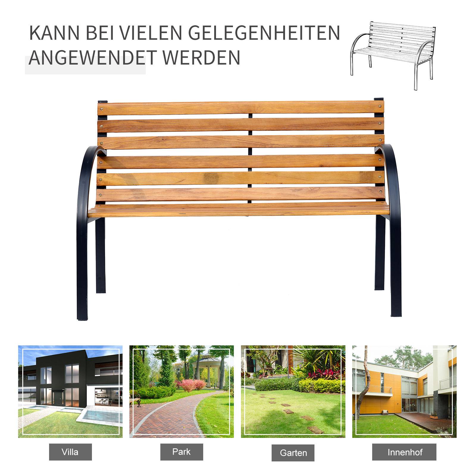 Banc de jardin, banc de parc, 2 places, acier et pin, naturel, L 122 x P 60 x H 83 cm - Image 6