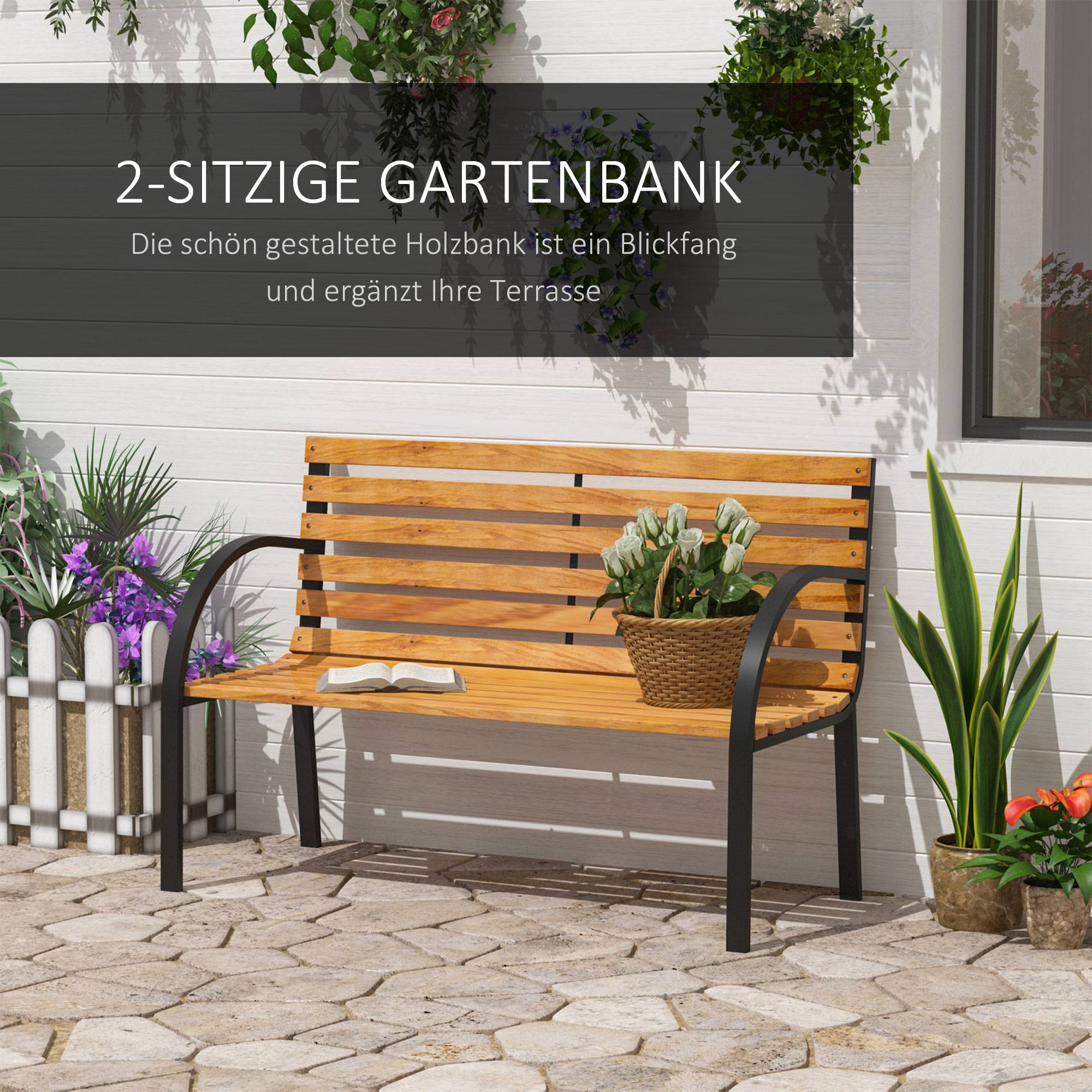 Banc de jardin, banc de parc, 2 places, acier et pin, naturel, L 122 x P 60 x H 83 cm - Image 7
