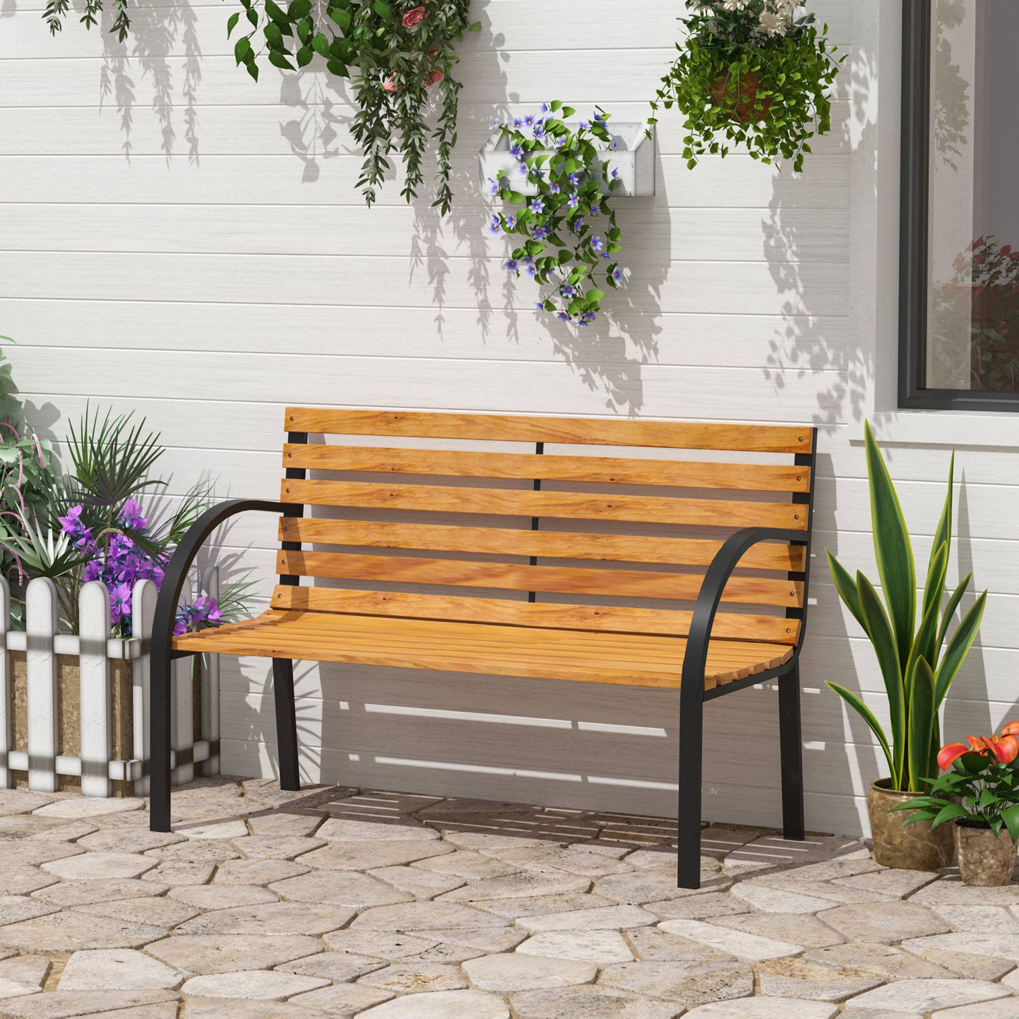 Banc de jardin, banc de parc, 2 places, acier et pin, naturel, L 122 x P 60 x H 83 cm - Image 4