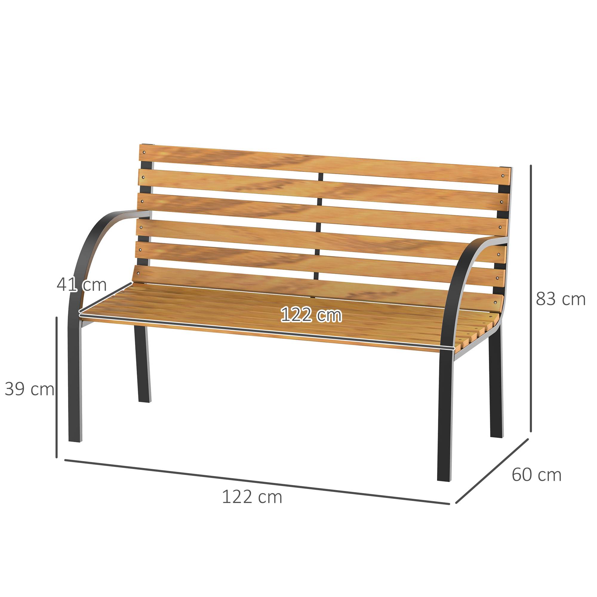 Banc de jardin, banc de parc, 2 places, acier et pin, naturel, L 122 x P 60 x H 83 cm - Image 5