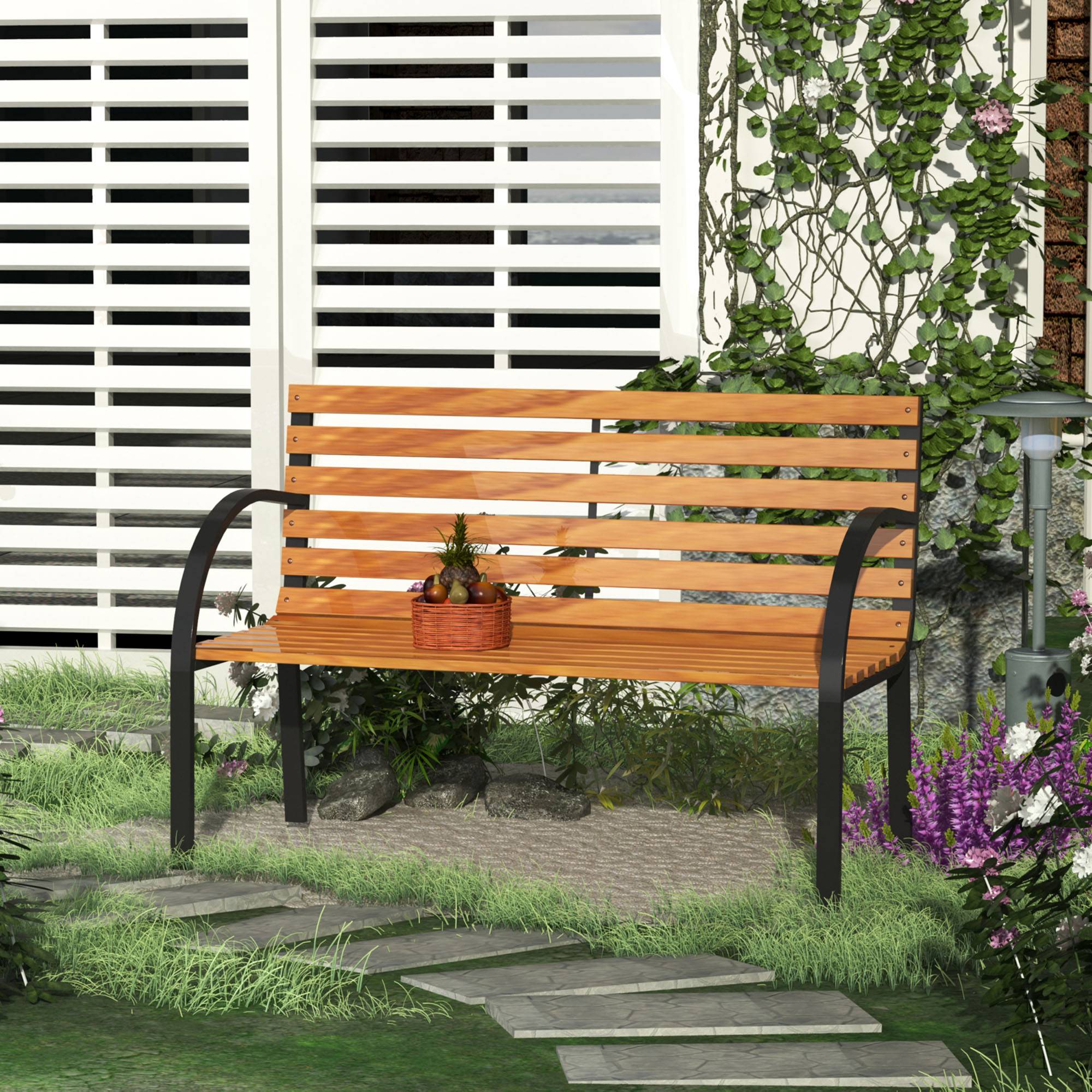 Banc de jardin, banc de parc, 2 places, acier et pin, naturel, L 122 x P 60 x H 83 cm - Image 3