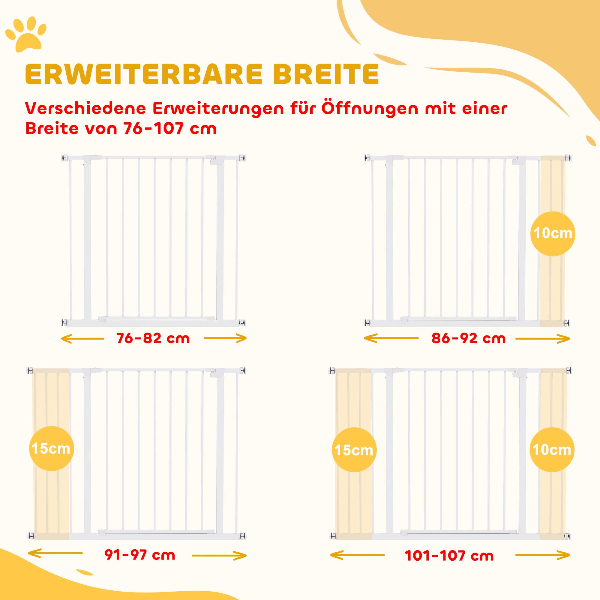 Sans Marque - Barrière de porte et escalier avec rallonges 10/15 cm, sans perçage, largeurs 76-82/86-97/101-107 cm, acier, blanc - Image 7