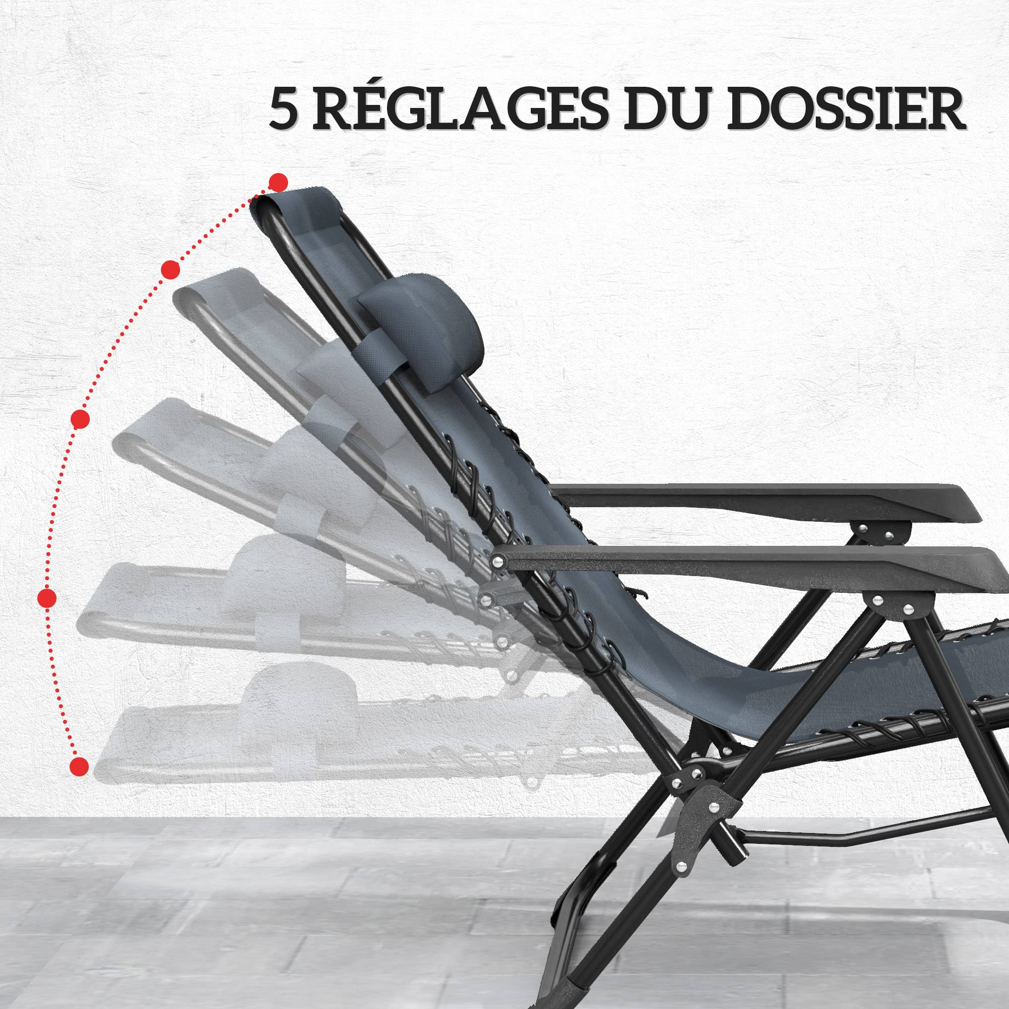 Lot 2 chaises longues pliantes inclinables tablette latérale porte-gobelets appui-tête 120 kg gris - Image 6