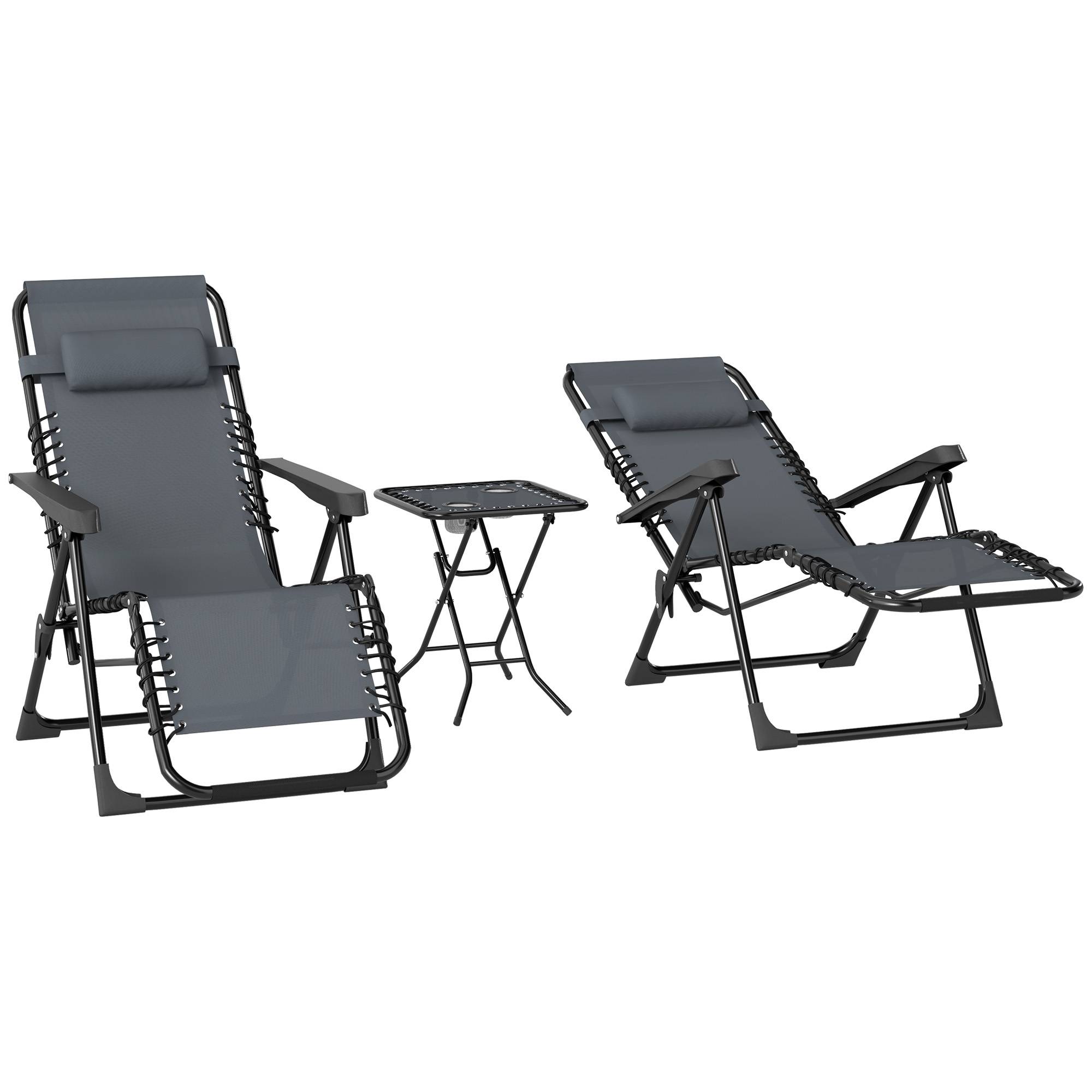 Lot 2 chaises longues pliantes inclinables tablette latérale porte-gobelets appui-tête 120 kg gris - Image 2