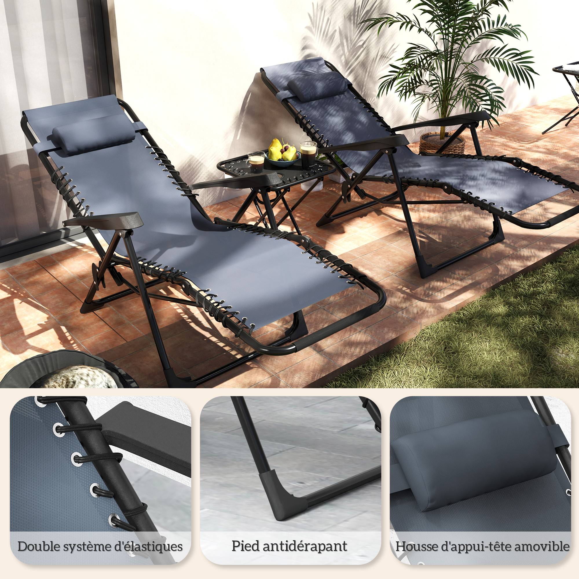Lot 2 chaises longues pliantes inclinables tablette latérale porte-gobelets appui-tête 120 kg gris - Image 10