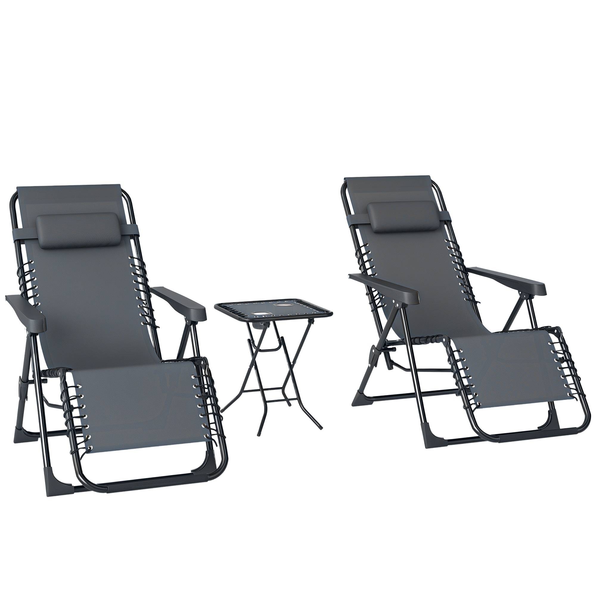 Lot 2 chaises longues pliantes inclinables tablette latérale porte-gobelets appui-tête 120 kg gris