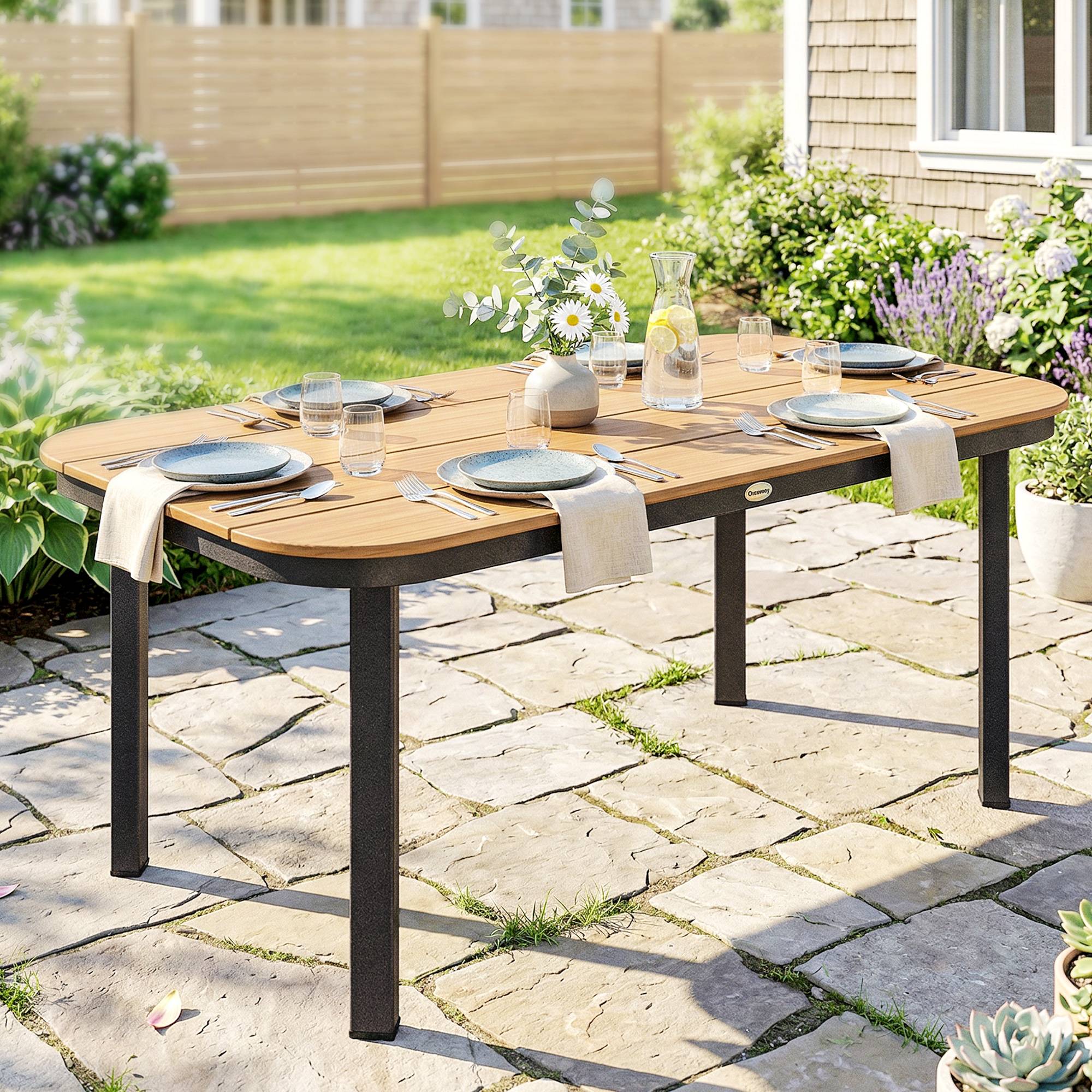 Table de Jardin Rectangulaire pour 4-6 Personnes, Plateau en WPC à Lattes, Bords Arrondis, 155x88x72cm, Naturel - Image 10