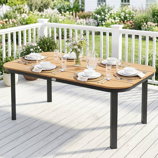 Table de Jardin Rectangulaire pour 4-6 Personnes, Plateau en WPC à Lattes, Bords Arrondis, 155x88x72cm, Naturel - Image 3