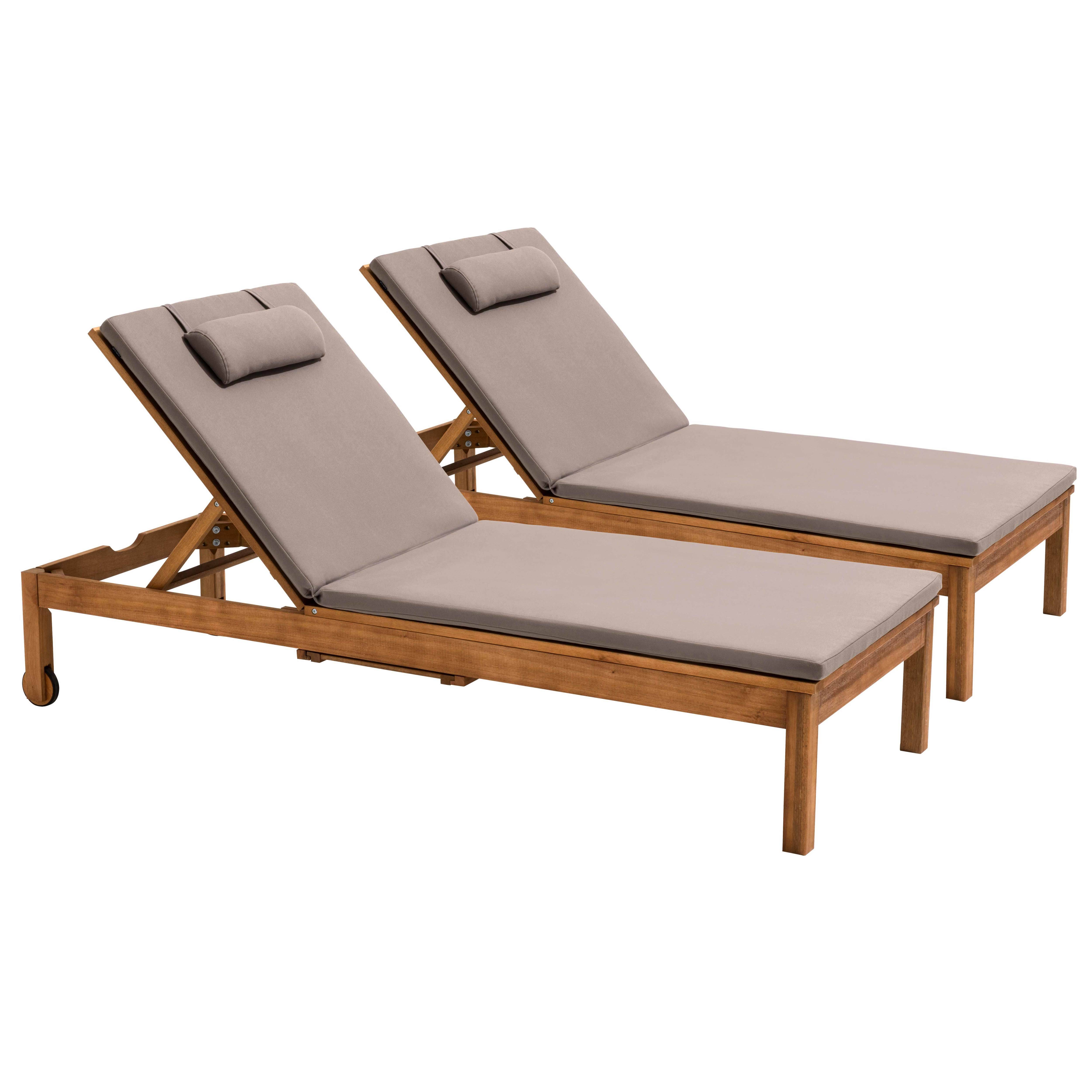 Oviala - Lot de 2 bains de soleil avec coussin et tablette en bois taupe - Oviala - Image 1