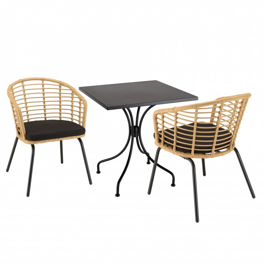 Macabane - MALO - SALON DE JARDIN 2 PERS. - 1 Table carrée 70x70cm et 2 fauteuils beiges et noirs en rotin synthétique - Image 1