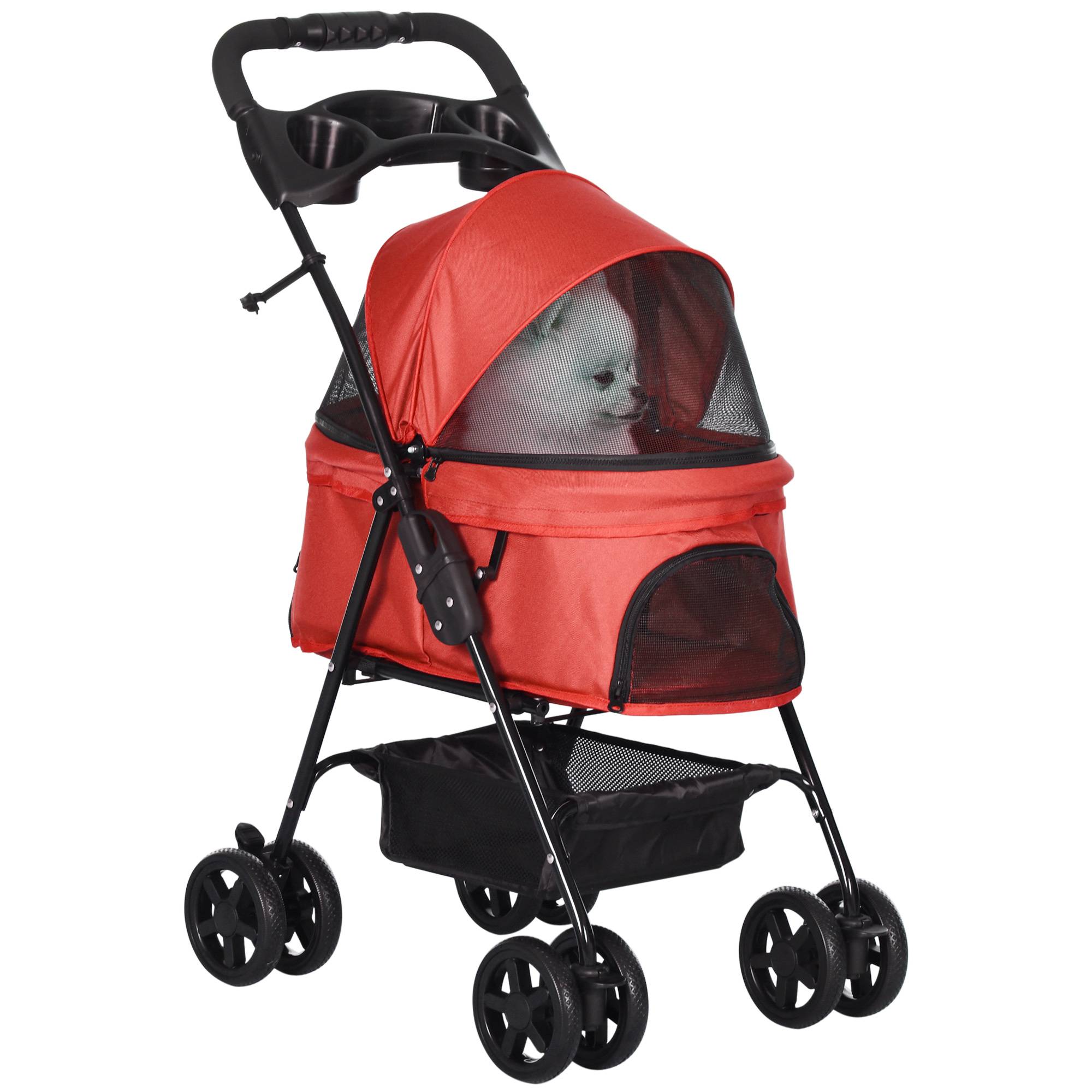 Poussette pour chien, pliable, fenêtre en filet, capote amovible, porte-gobelet, panier de rangement, structure en métal, rouge, 67 x 45 x 96 cm - Image 1
