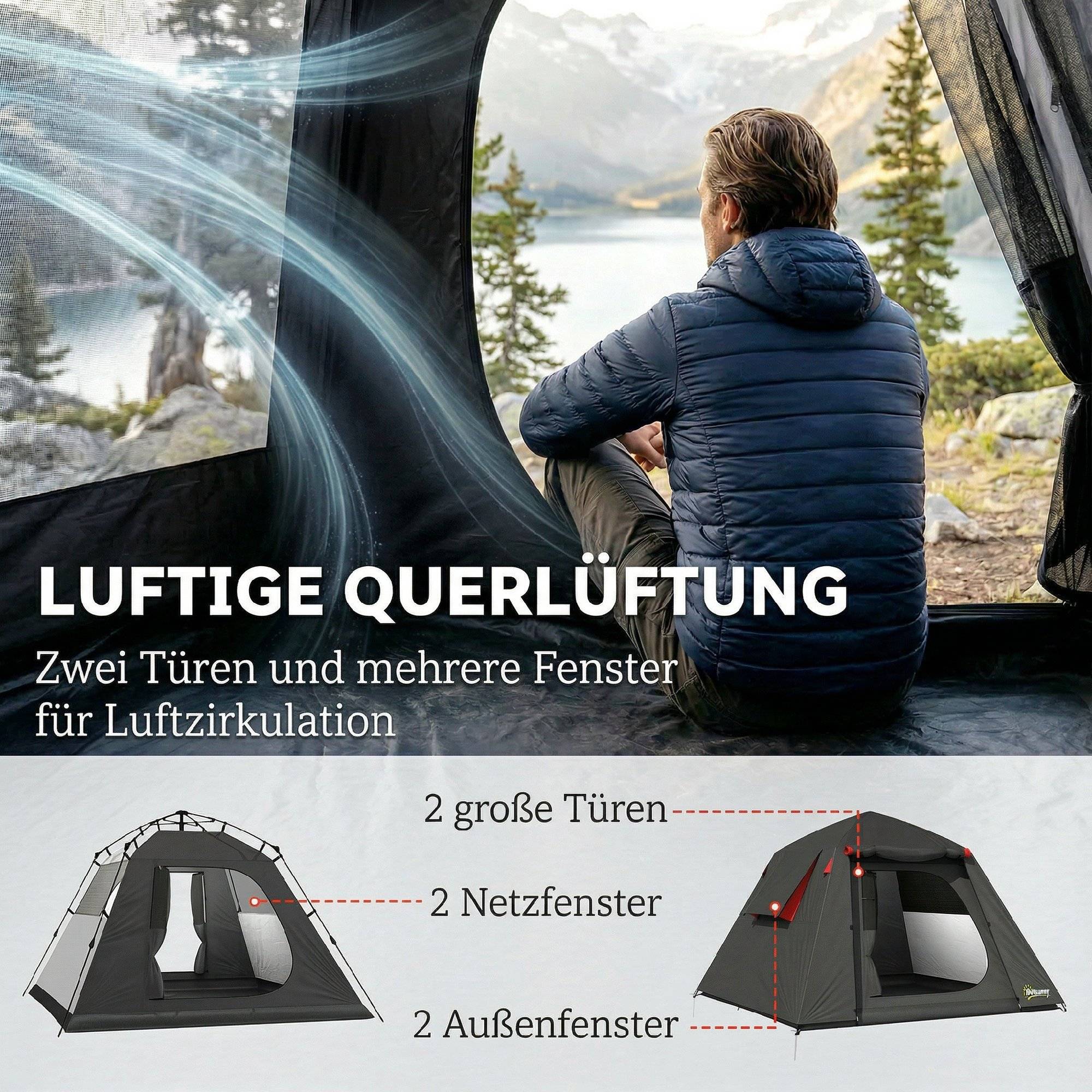 Sans Marque - Tente camping 2 pers., 3000mm imperméable+vent, dôme, 2 portes, 2 fenêtres mesh, 2 fenêtres latérales, sac - Image 8