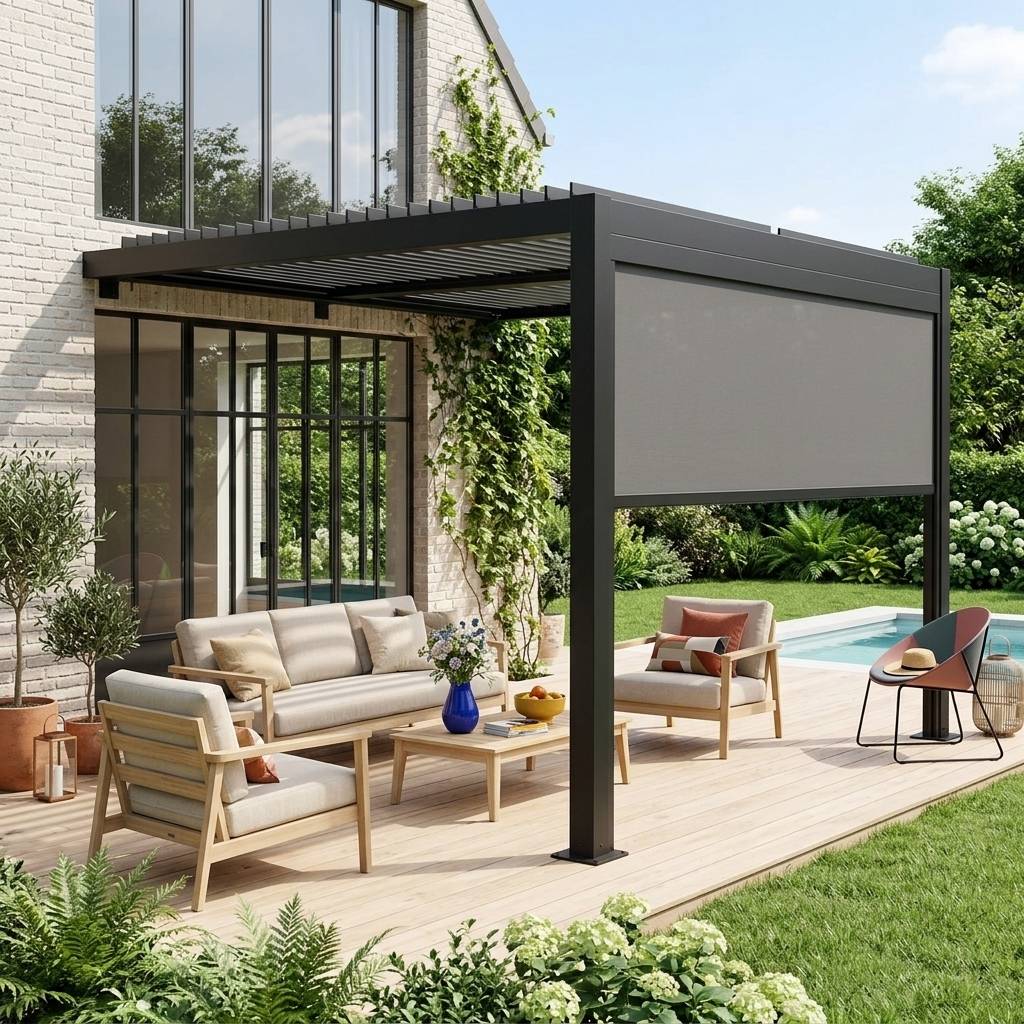 sweeek - Pergola bioclimatique aluminium adossée 3x3m noir + 1 store 3m Palace | sweeek - Image 1