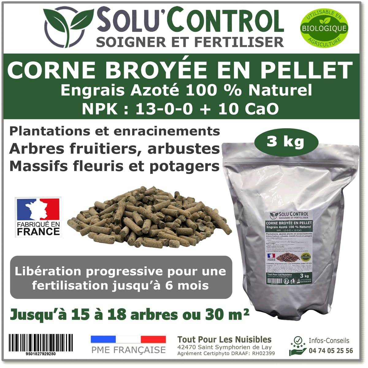 SOLU’CONTROL - 3 kg de Corne Broyée en Pellet - Formulation haute qualité Organo-Minerale - Engrais Azoté 100% Naturel- UAB - Image 1
