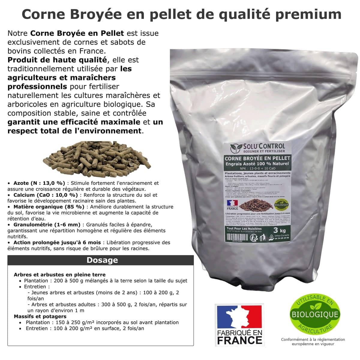 SOLU’CONTROL - 3 kg de Corne Broyée en Pellet - Formulation haute qualité Organo-Minerale - Engrais Azoté 100% Naturel- UAB - Image 4