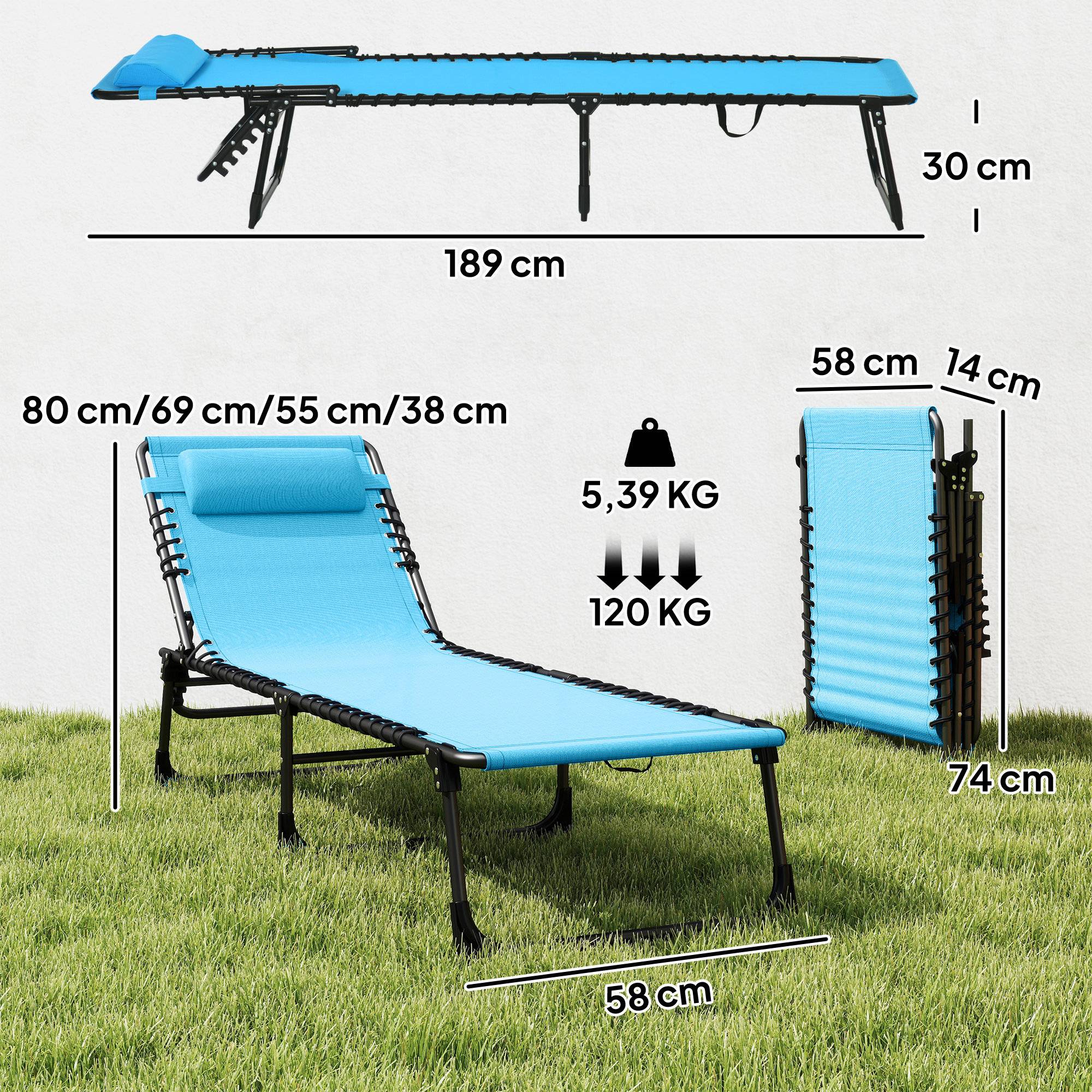 Transat pliable, housse respirante, structure en métal, 189 x 58 x 30 cm, bleu - Image 5