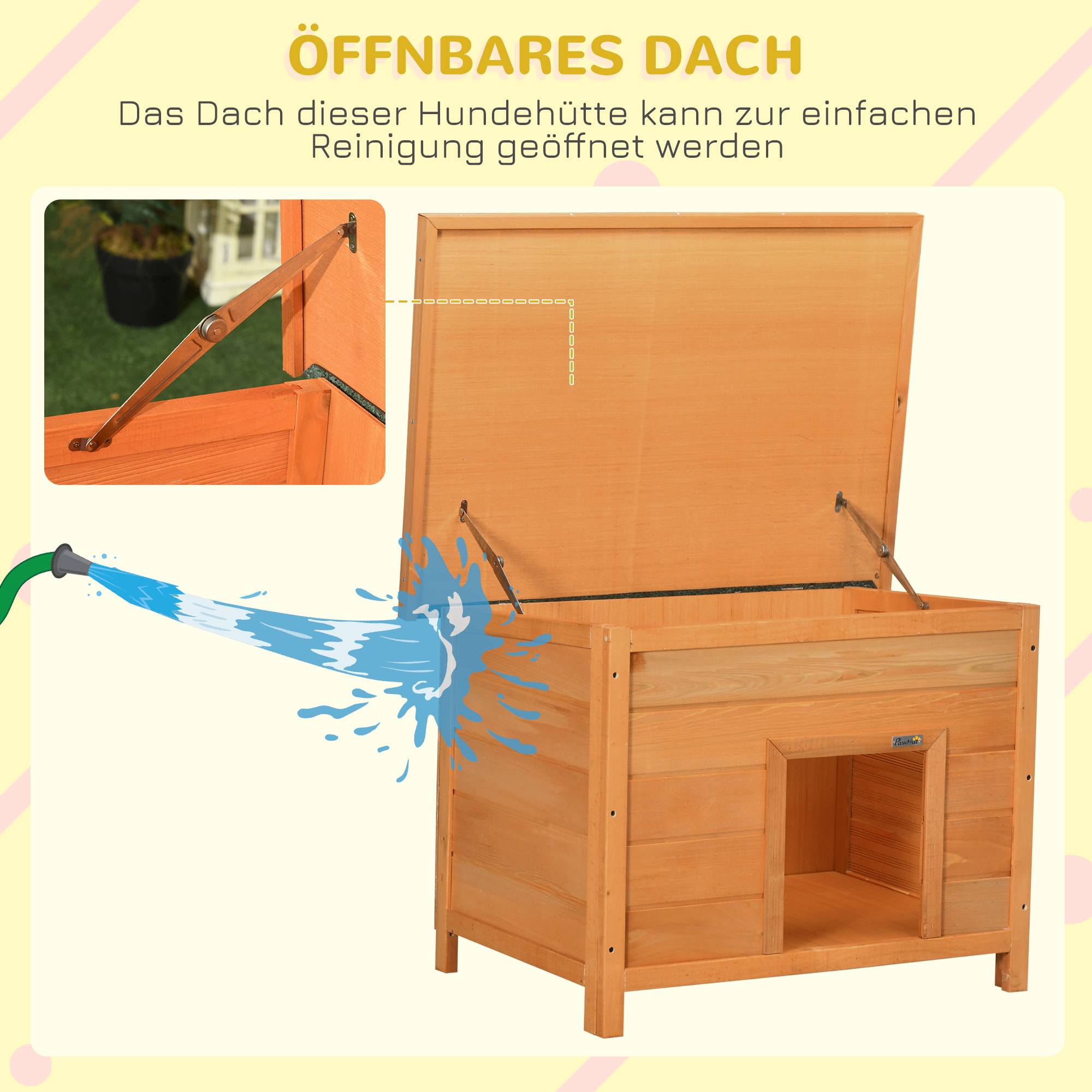 Niche extérieure bois pour petit chien, toit asphalte rabattable, sol surélevé étanche,82x58x58 cm jaune - Image 7