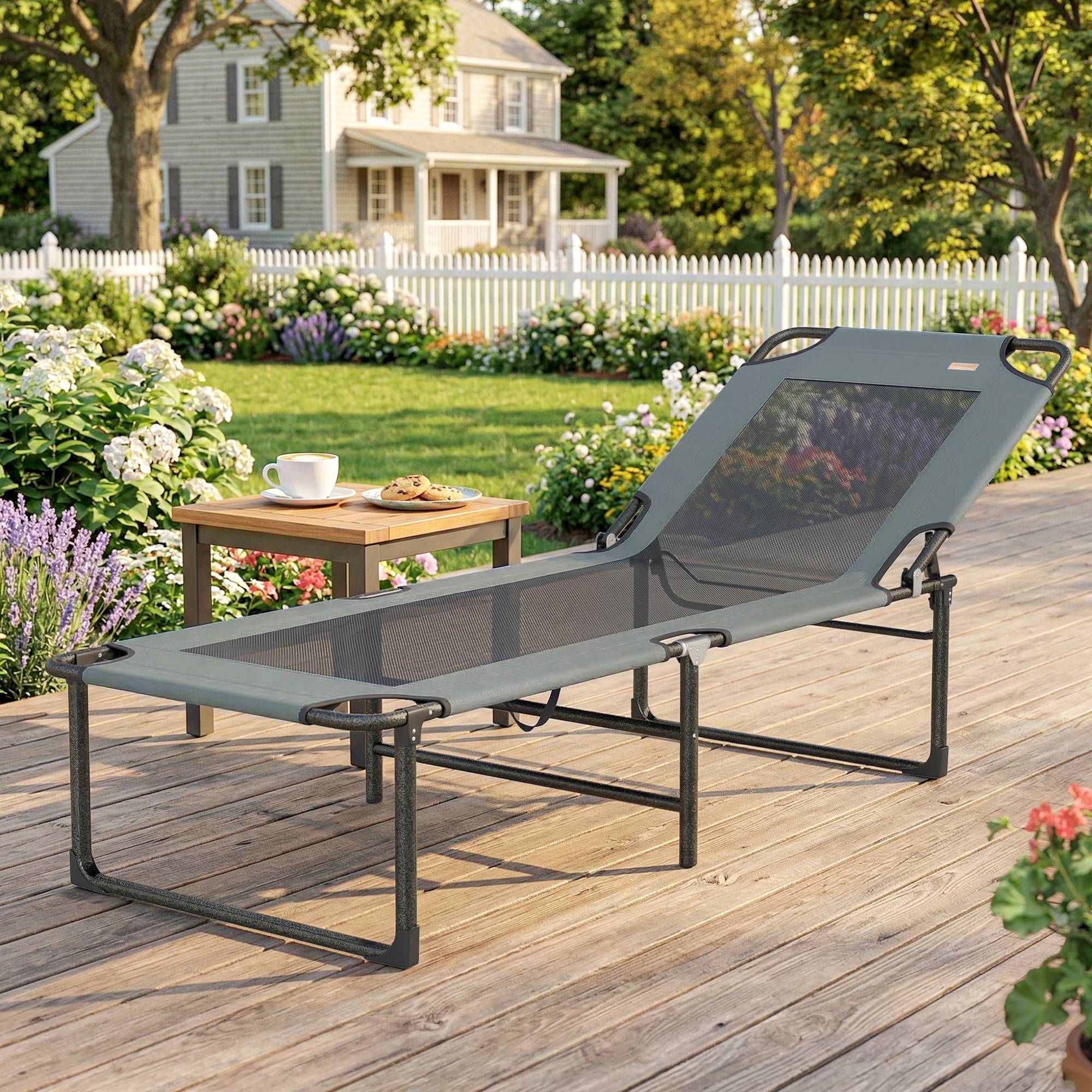 Chaise longue extérieure grise pliante inclinable 4 positions poignée transport, transat jardin plage - Image 4