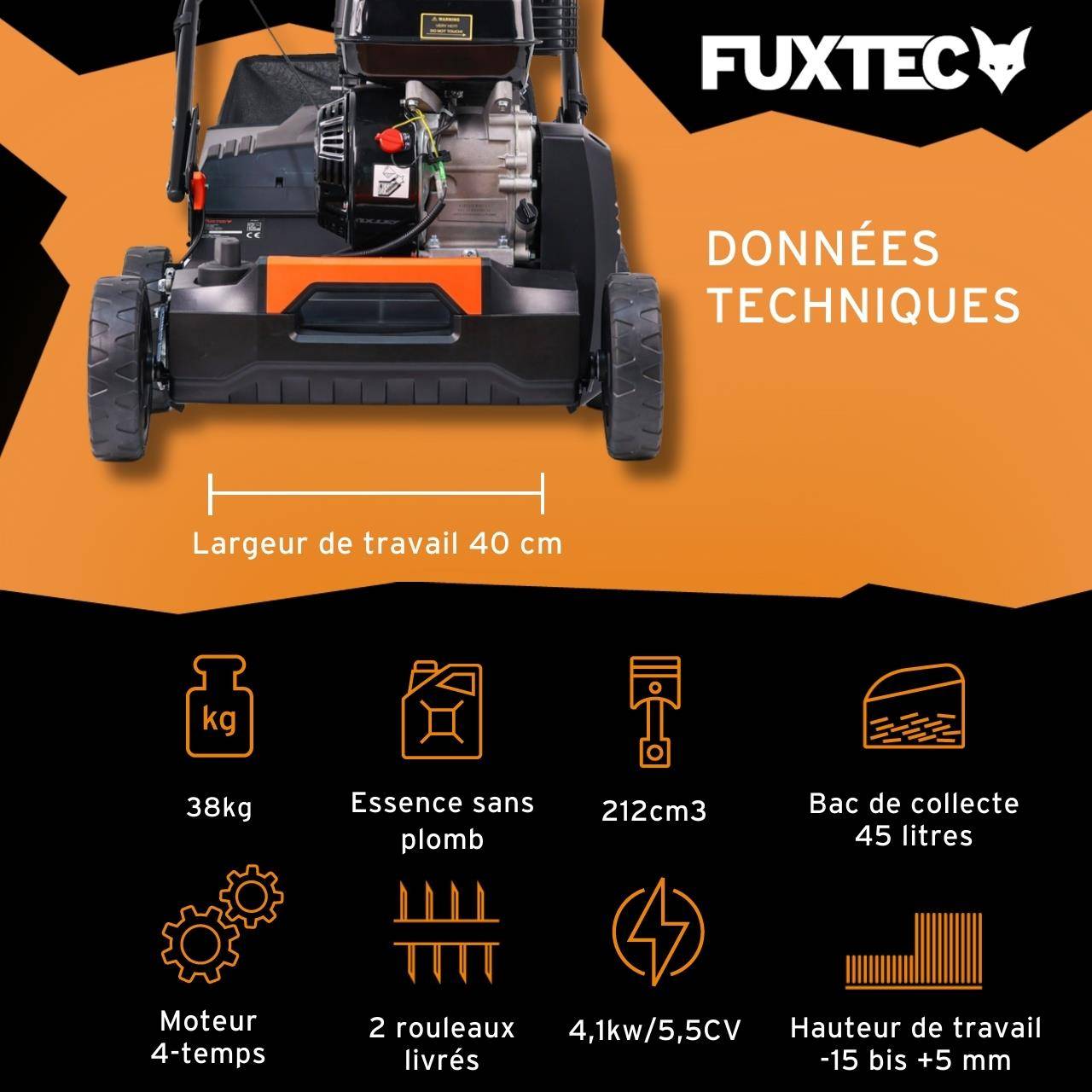 FUXTEC - Scarificateur thermique 212 cm³ 18 lames + 24 griffes, largeur 40 cm et bac 45 L – Fuxtec - Image 3