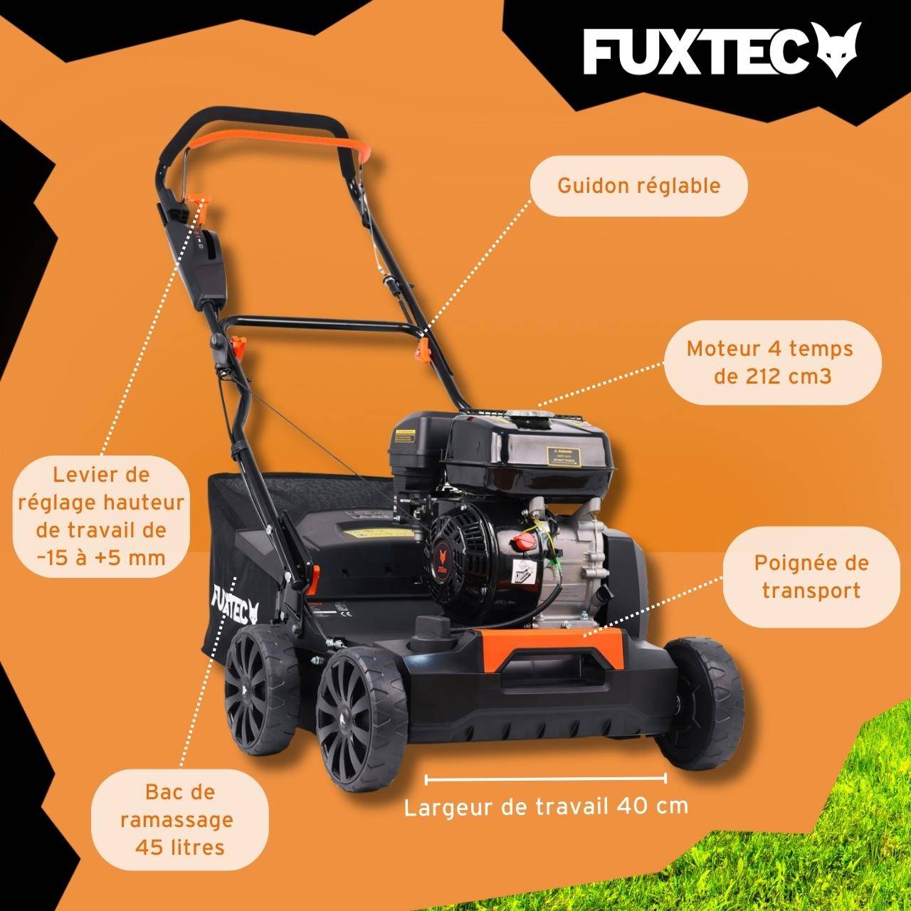 FUXTEC - Scarificateur thermique 212 cm³ 18 lames + 24 griffes, largeur 40 cm et bac 45 L – Fuxtec - Image 6
