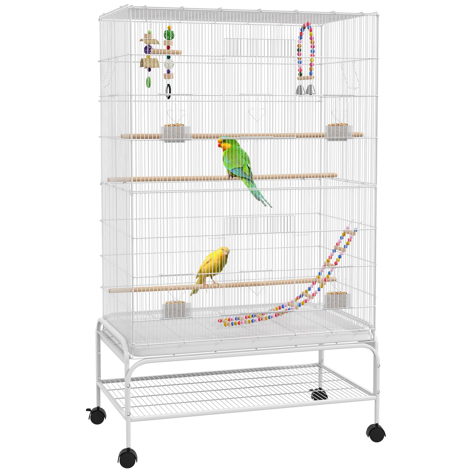 Sans Marque - Cage à oiseaux sur pieds roulettes avec 4 mangeoires et 3 perchoirs 79 x 49 x 133 cm blanc - Image 1