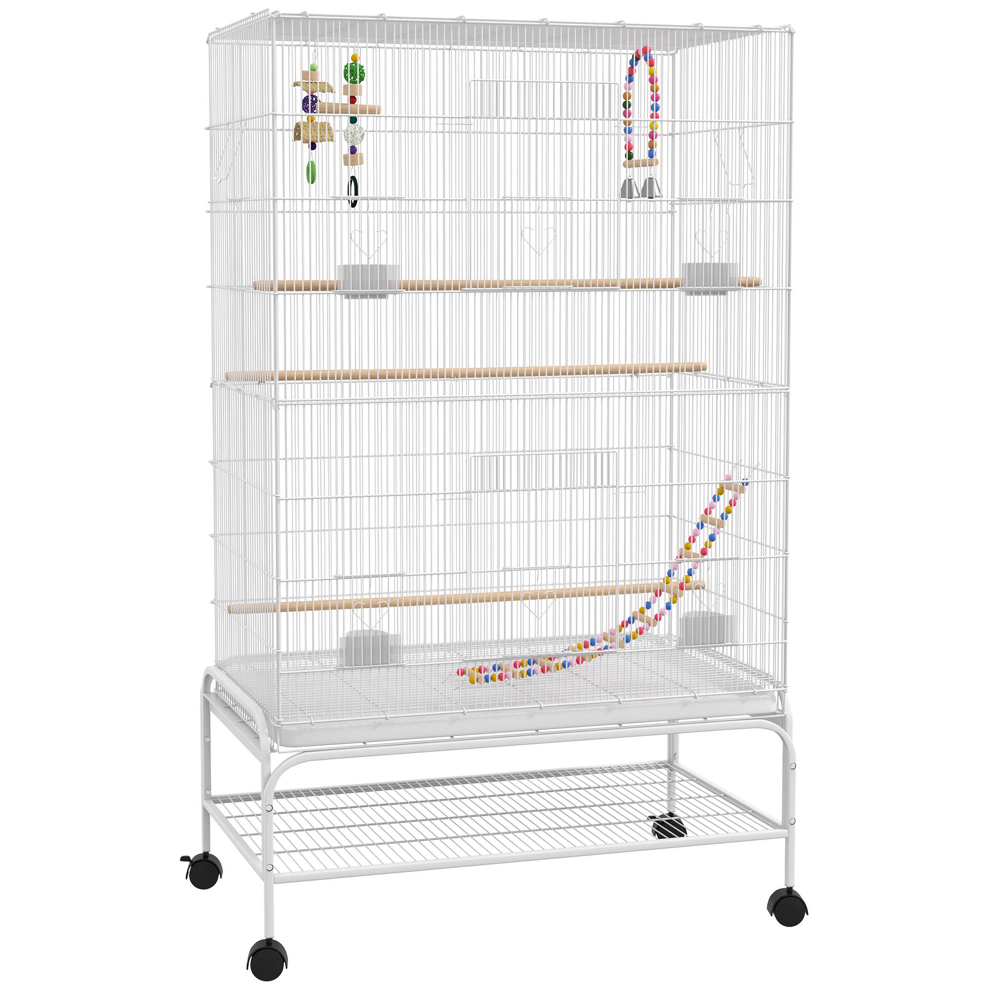Sans Marque - Cage à oiseaux sur pieds roulettes avec 4 mangeoires et 3 perchoirs 79 x 49 x 133 cm blanc - Image 8