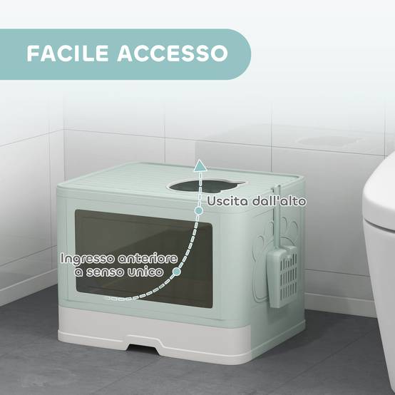 Bac à litière fermé pour chat avec couvercle et double entrée, plateau amovible, pelle et brosse, vert - Image 7