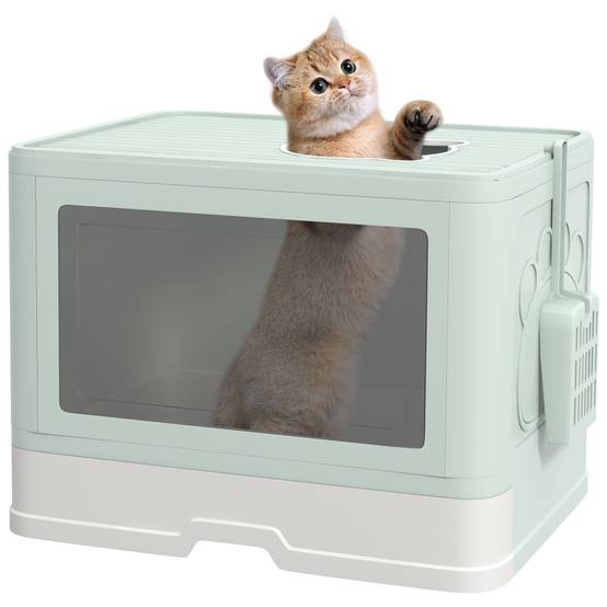 Bac à litière fermé pour chat avec couvercle et double entrée, plateau amovible, pelle et brosse, vert - Image 1