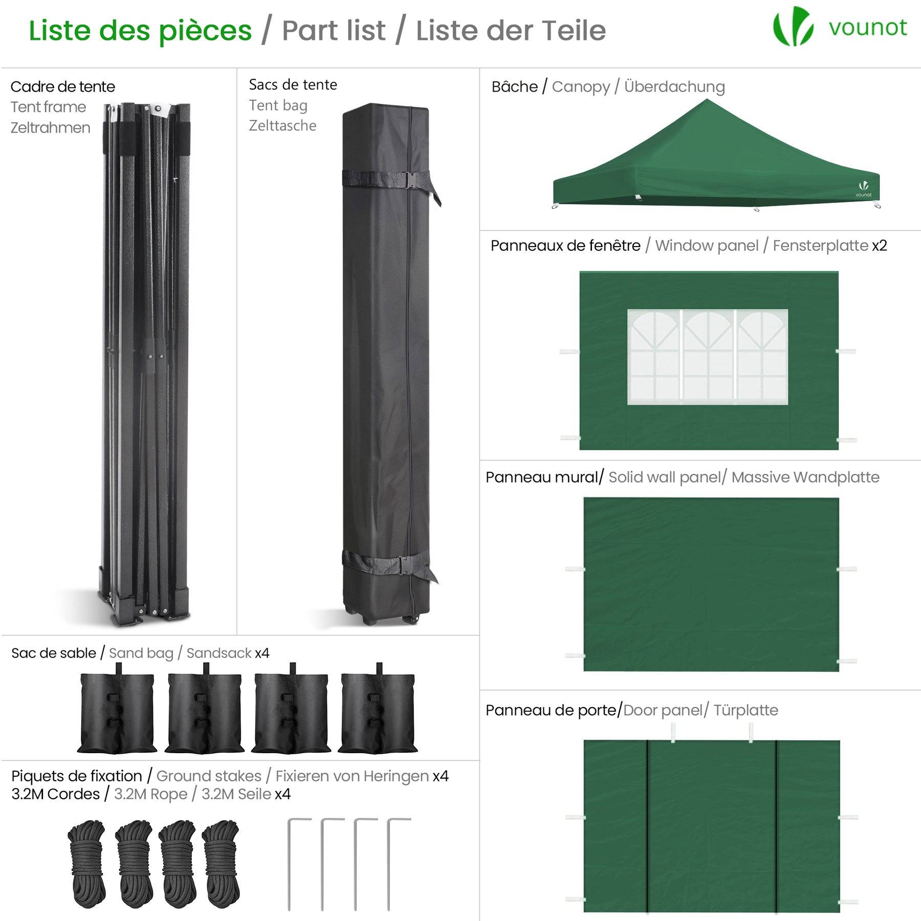 Vounot - VOUNOT® Tonnelle de jardin renforcée 3x3m pliable avec 4 parois et sac de transport à roulette - Imperméable et anti-UV - Vert - Image 2