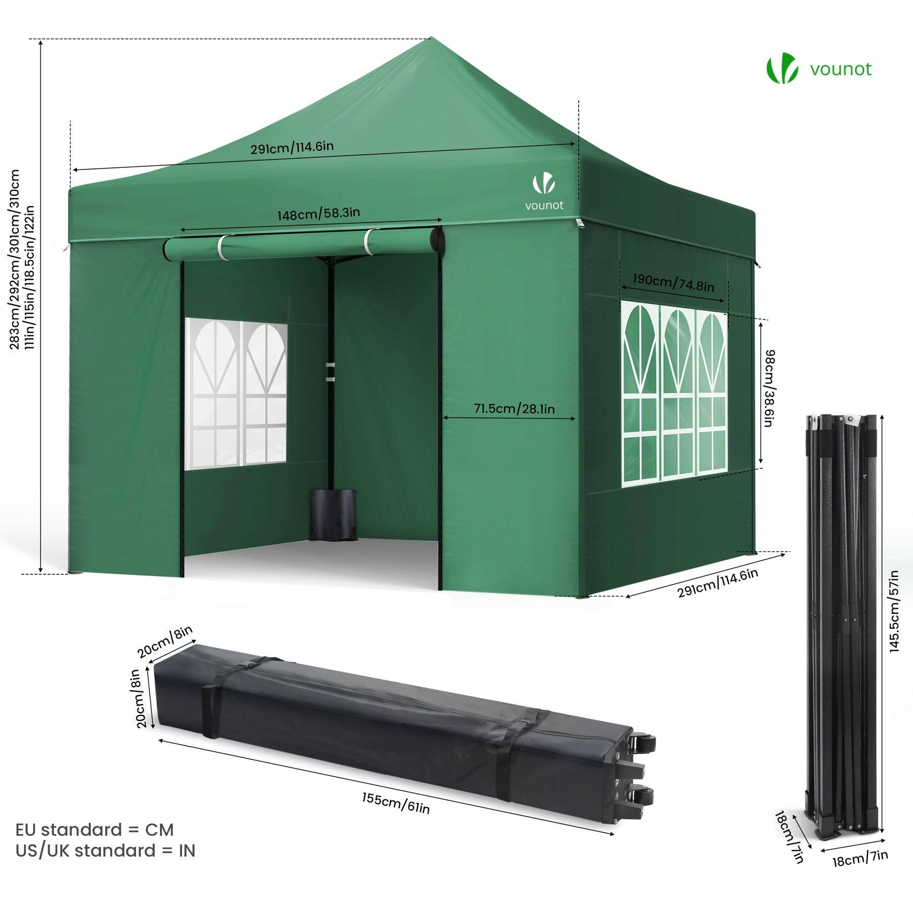 Vounot - VOUNOT® Tonnelle de jardin renforcée 3x3m pliable avec 4 parois et sac de transport à roulette - Imperméable et anti-UV - Vert - Image 7
