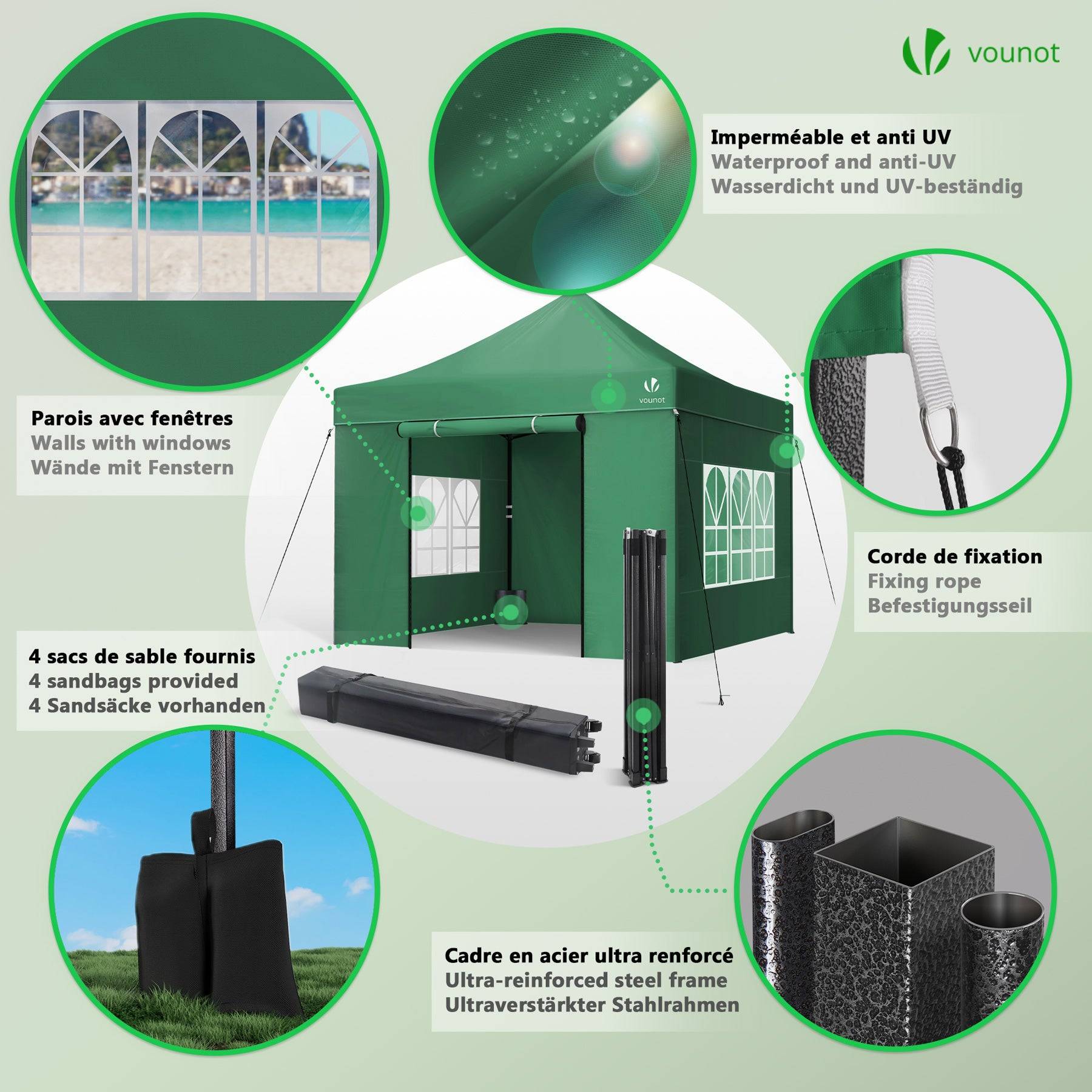 Vounot - VOUNOT® Tonnelle de jardin renforcée 3x3m pliable avec 4 parois et sac de transport à roulette - Imperméable et anti-UV - Vert - Image 5