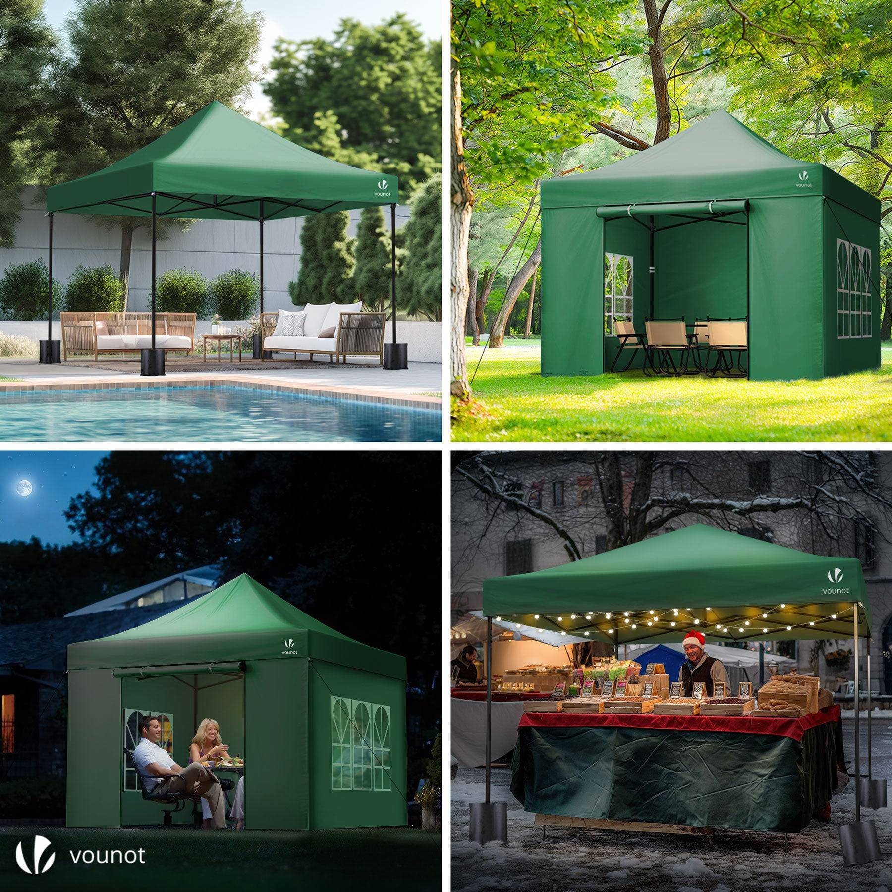 Vounot - VOUNOT® Tonnelle de jardin renforcée 3x3m pliable avec 4 parois et sac de transport à roulette - Imperméable et anti-UV - Vert - Image 4