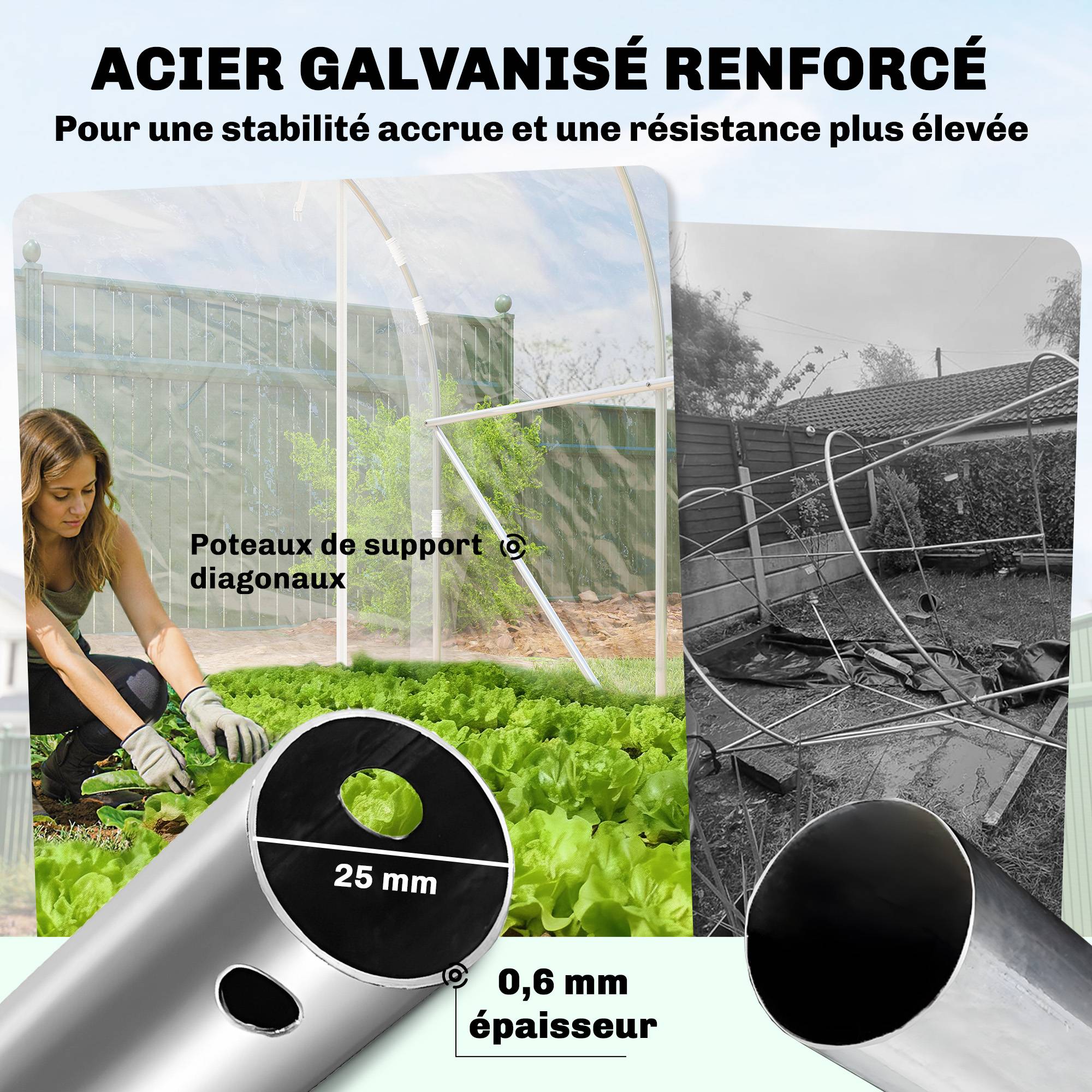 Serre tunnel de jardin 6m² serre de jardin tunnel 195x295x195cm cadre acier galvanisé, bâche PE 150g/m² transparent - Image 6