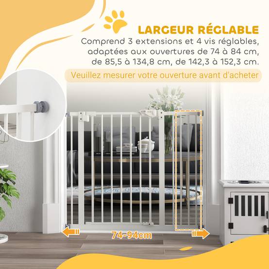 Barrière sécurité chien métal escalier porte double verrouillage réglable 94cm blanc - ComfortXL Outdoor Living - Image 9