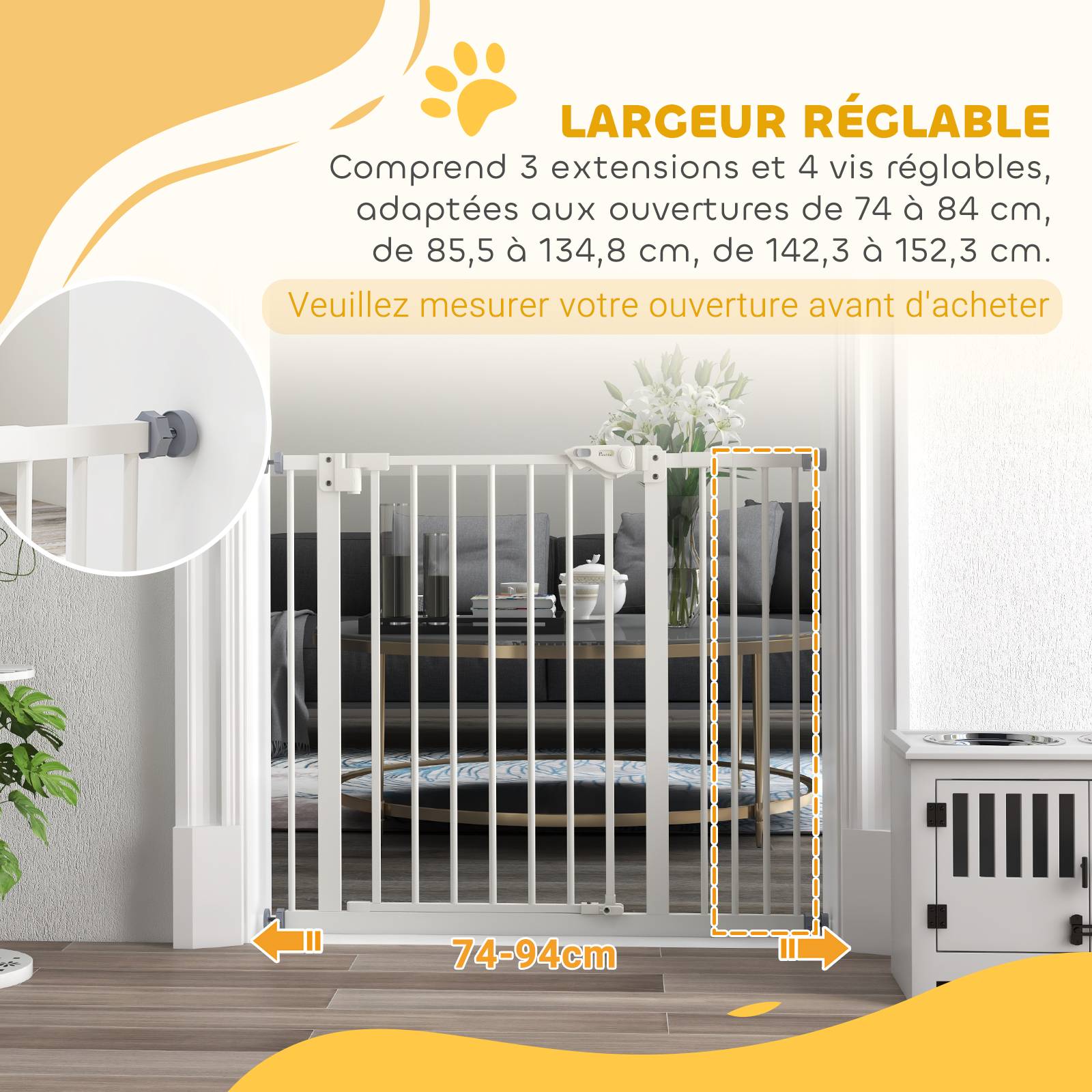 Barrière sécurité chien métal escalier porte double verrouillage réglable 94cm blanc - ComfortXL Outdoor Living - Image 9
