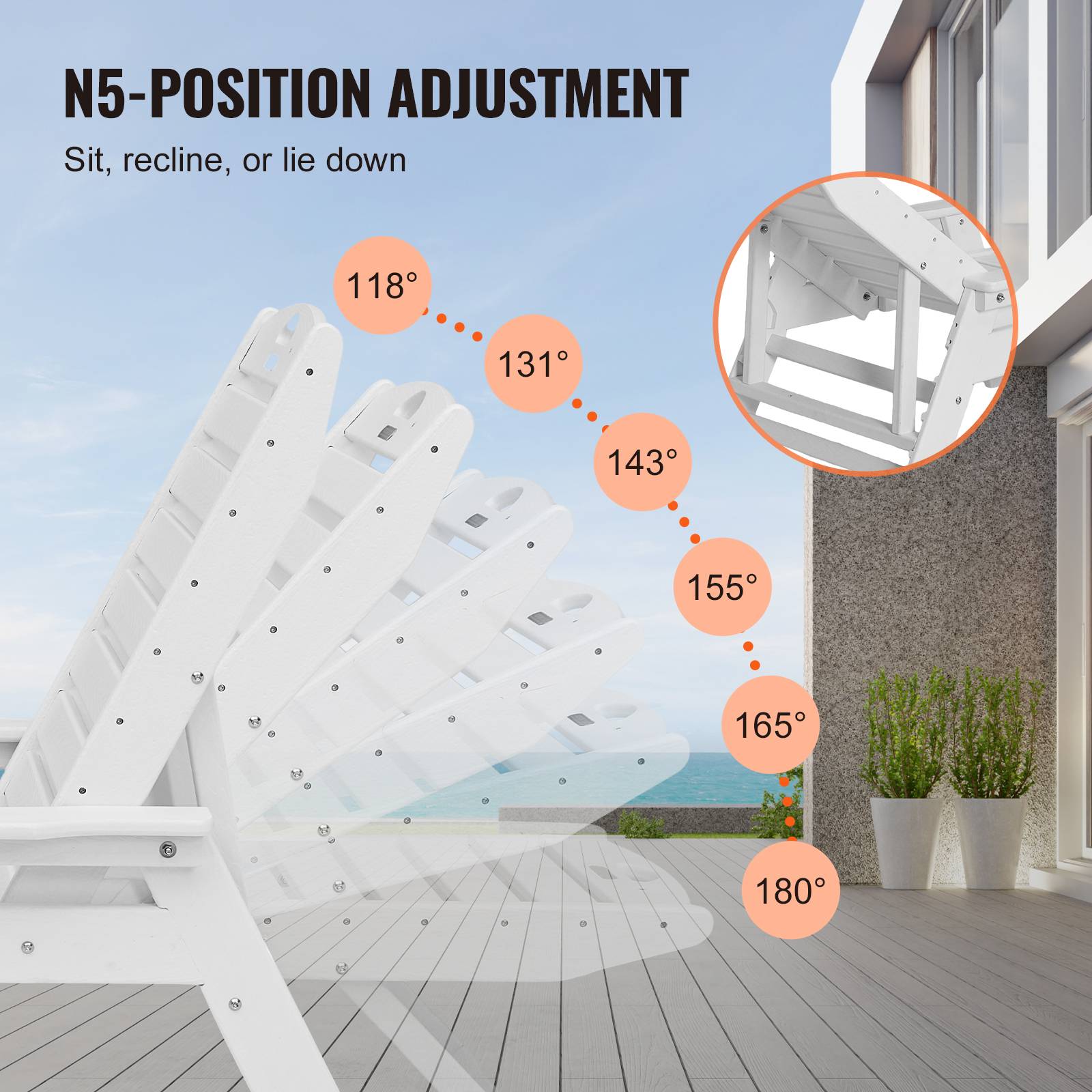 Vevor - VEVOR Bain de Soleil Chaise Longue Jardin Dossier Réglable Charge 181 kg Blanc - Image 3