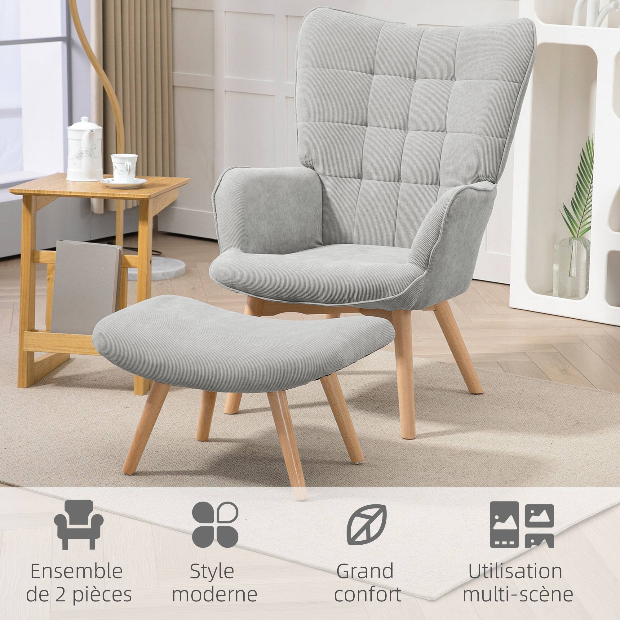 Fauteuil avec repose pied, dossier haut, pieds en bois et tissu aspect velours côtelé, pour salon chambre à coucher gris - Image 8