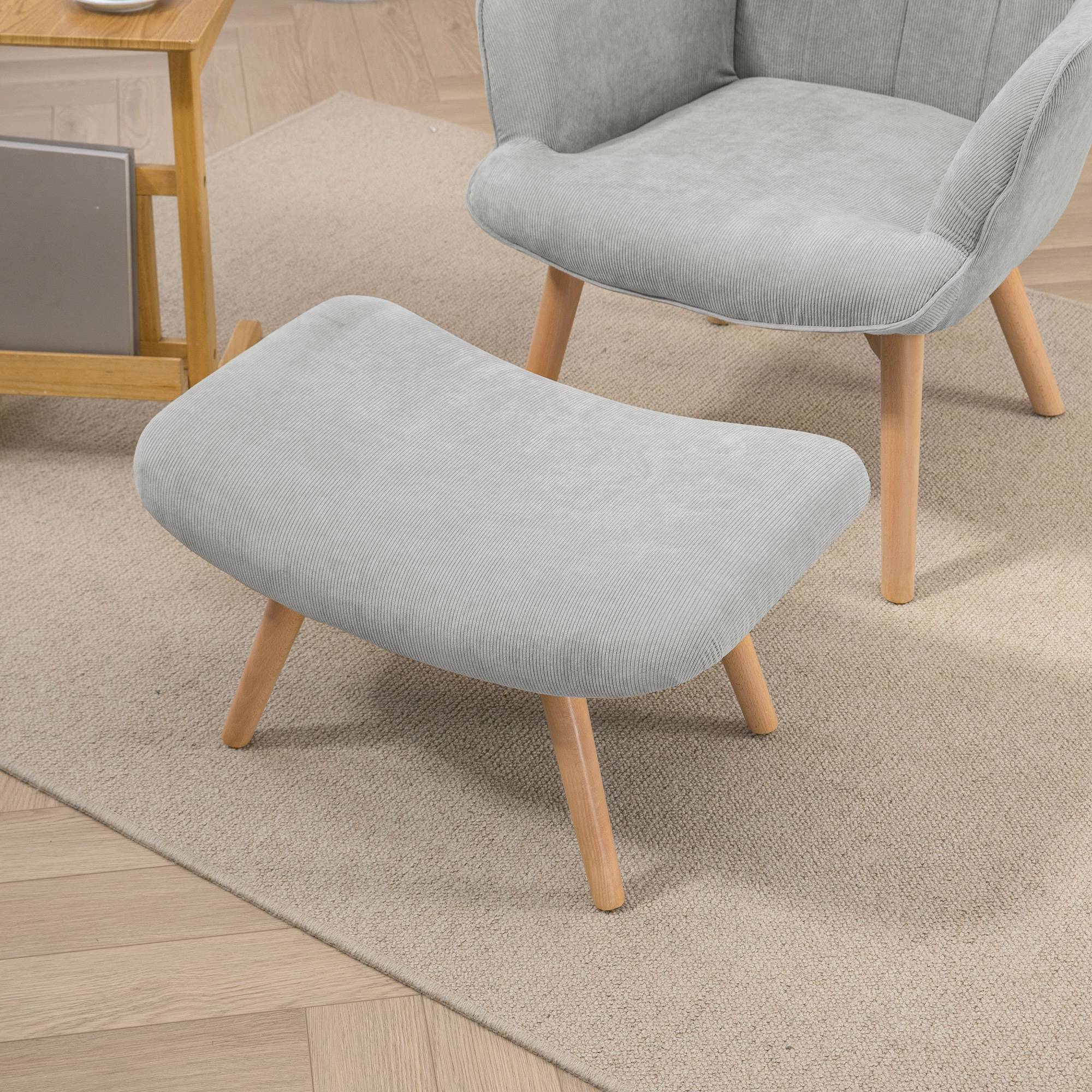 Fauteuil avec repose pied, dossier haut, pieds en bois et tissu aspect velours côtelé, pour salon chambre à coucher gris - Image 9