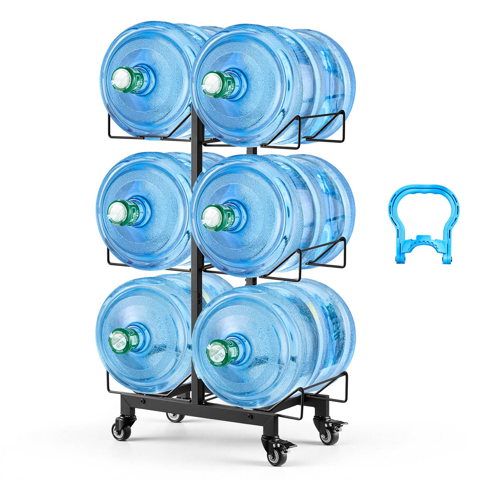 Vevor - VEVOR Support pliable pour bonbonnes 6x11/19L, 3 niveaux 2 rangées, acier Q195, roulettes freins et poignées, noir - Image 1