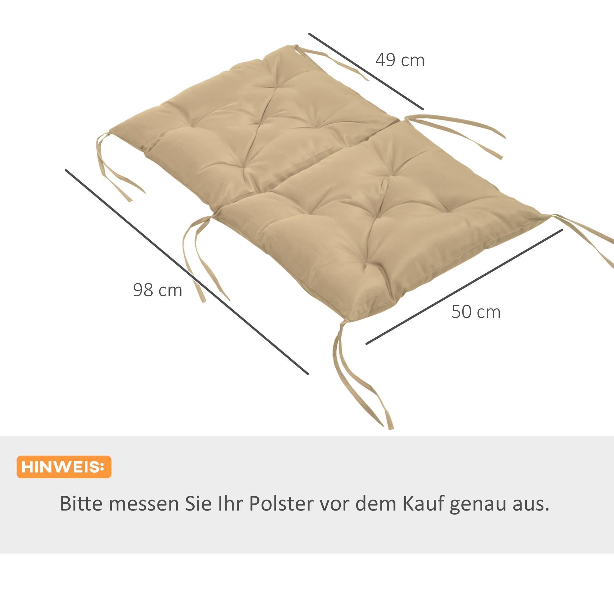 Lot de 2 coussins d'assise, 98 x 50 cm, avec attaches, revêtement en tissu kaki, épaisseur 8 cm. - Image 5